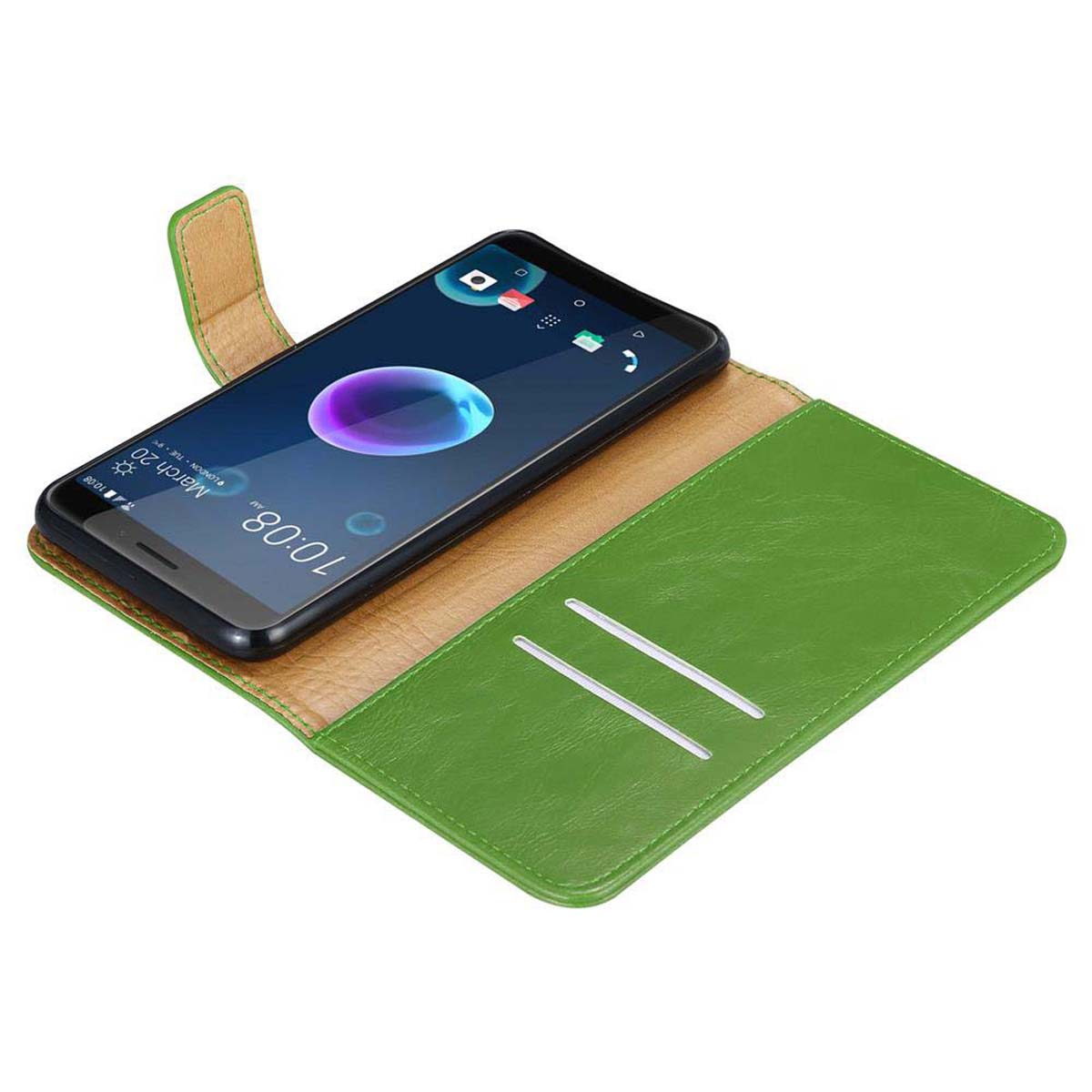 Un telefono in una custodia verde, con interno marrone chiaro, su sfondo bianco.