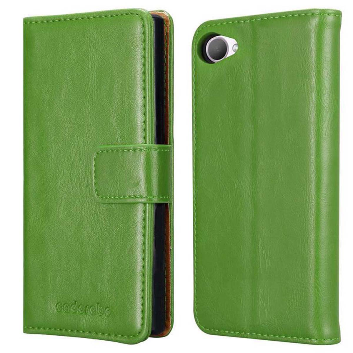 Due viste di una custodia per telefono in pelle verde. Mostra la copertura anteriore chiusa e il retro con ritaglio per la fotocamera.