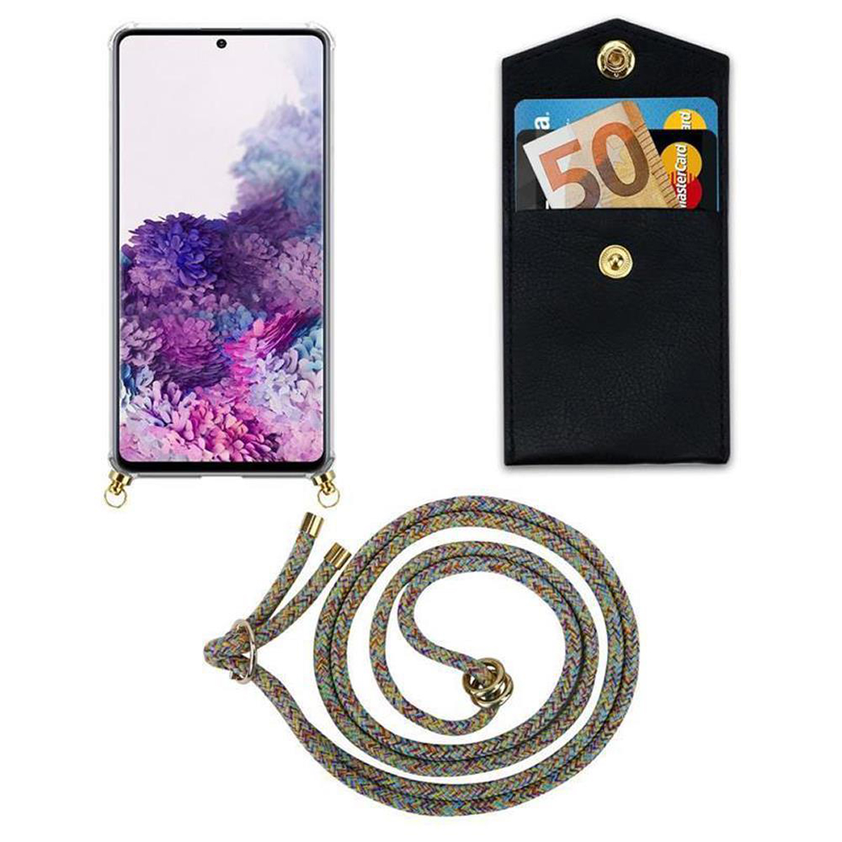 CADORABO Handy Kette mit Hülle, Kordel Backcover, Band Samsung, Galaxy RAINBOW Ringen, Gold 4G / abnehmbarer und M40s, A51