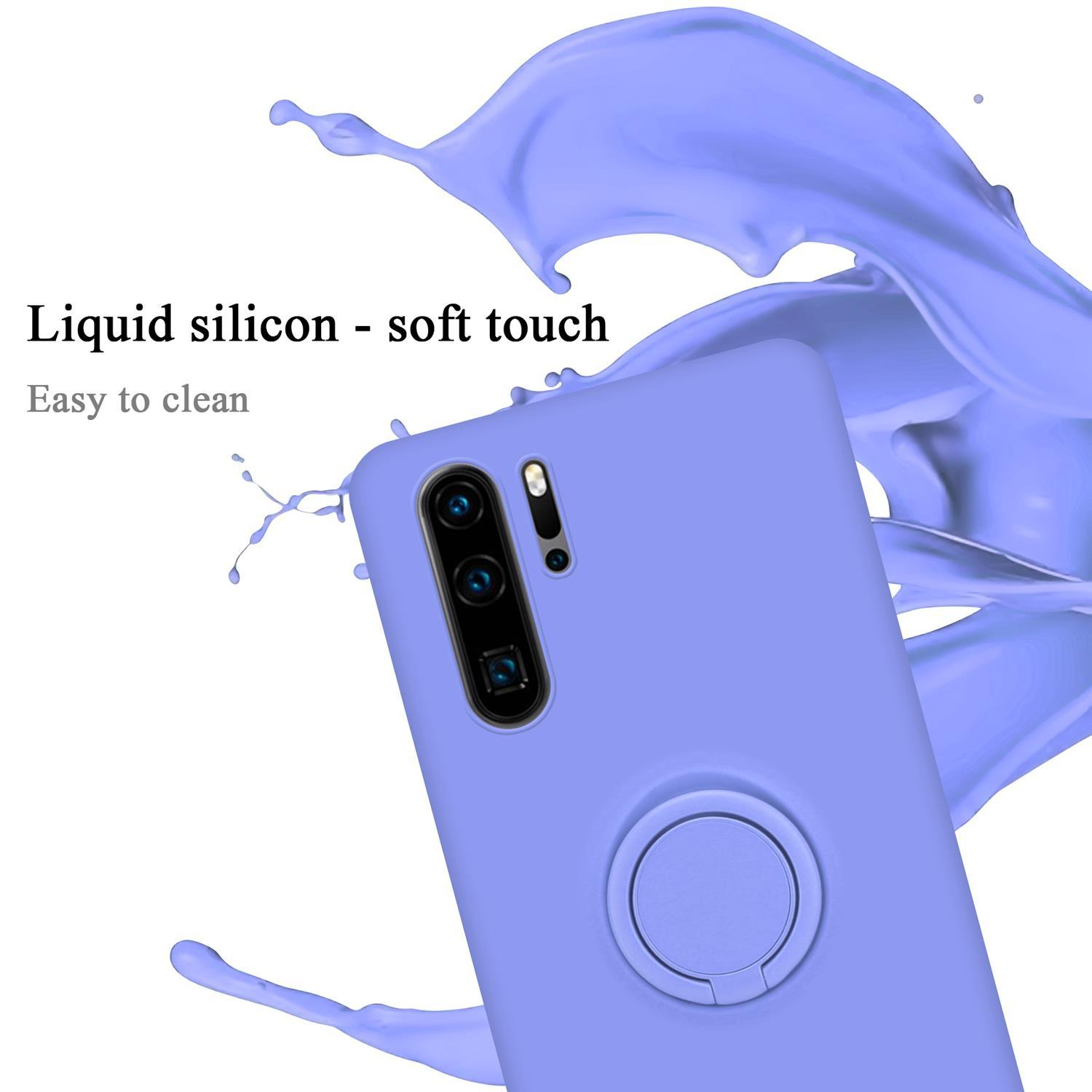 Custodia lilla per telefono con supporto. Un'esplosione di vernice lilla. Testo: Silicone liquido - tocco morbido, facile da pulire.