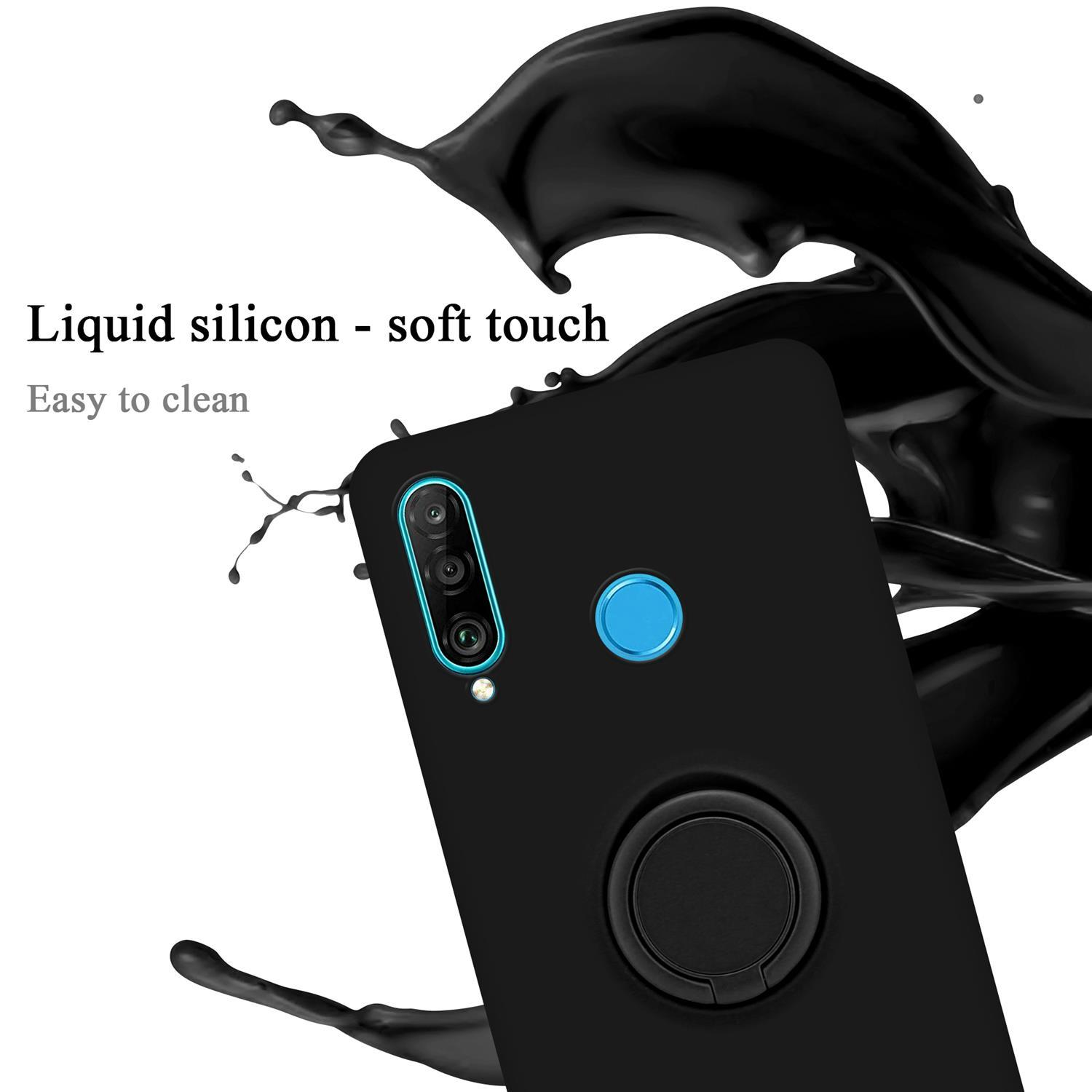 Telefono nero con supporto ad anello, silicone liquido e un design a spruzzo nero.