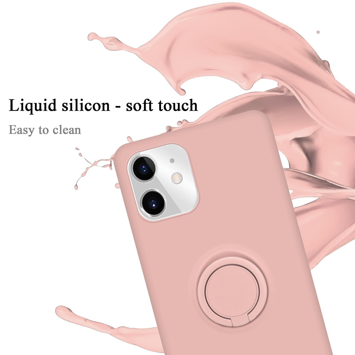 Custodia rosa per telefono con impugnatura ad anello. Schizzo di liquido rosa sullo sfondo. Testo: Silicone liquido-tocco morbido, facile da pulire.