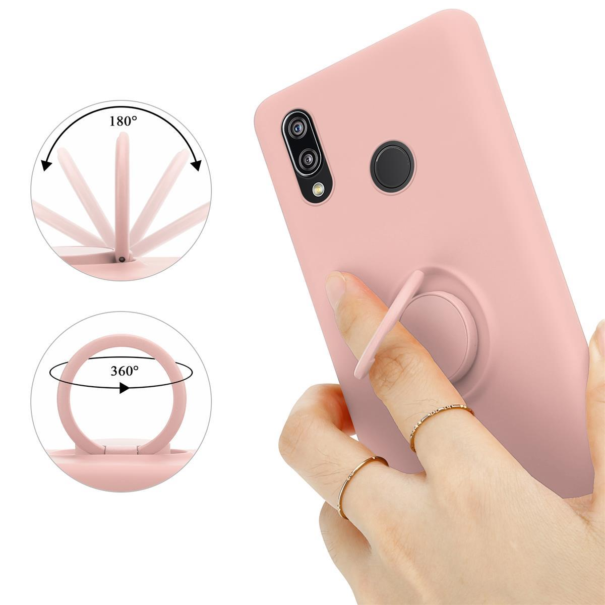 Una custodia rosa con un supporto ad anello, che mostra una rotazione di 180 e 360 gradi.