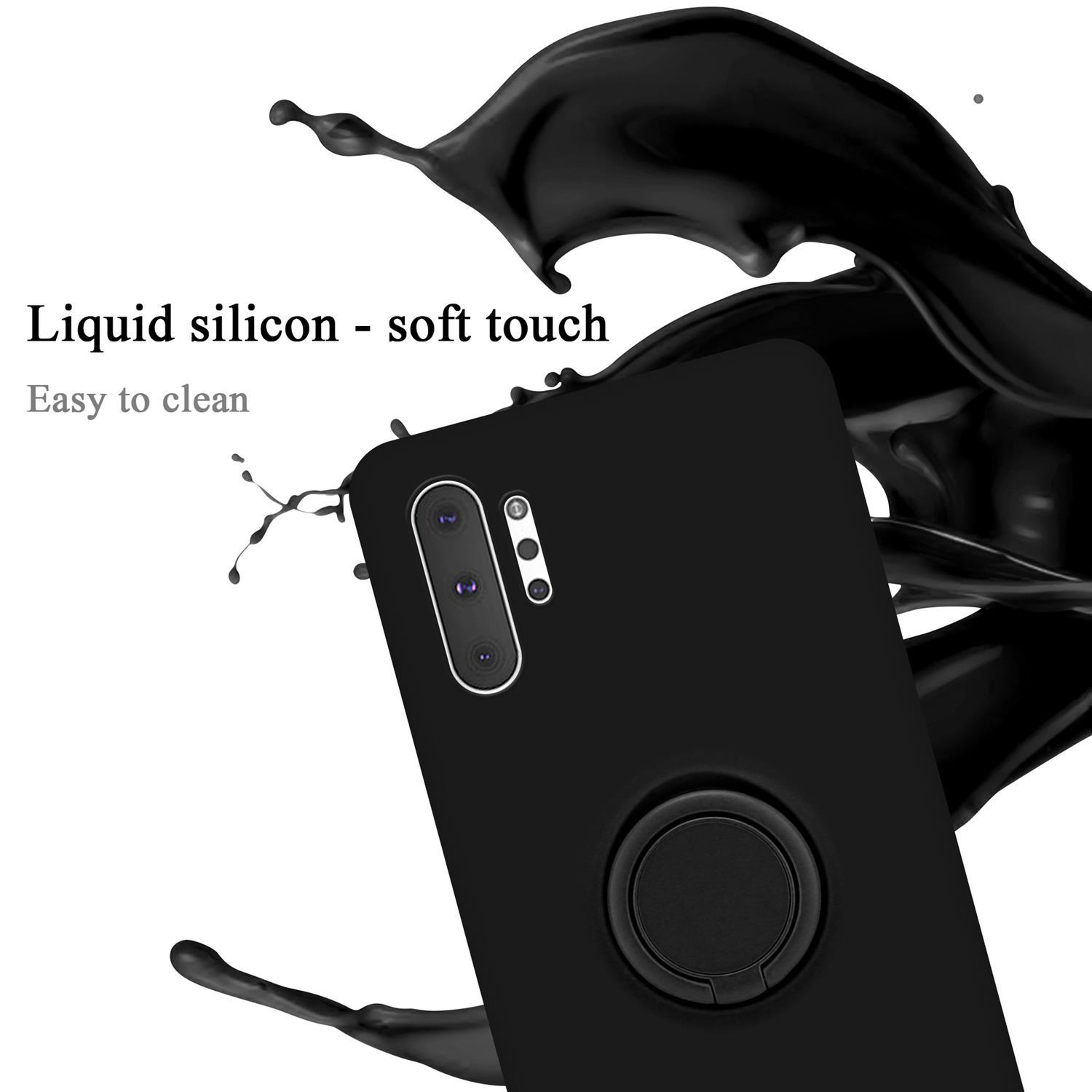 Custodia nera con supporto ad anello, con schizzi di liquido sullo sfondo.