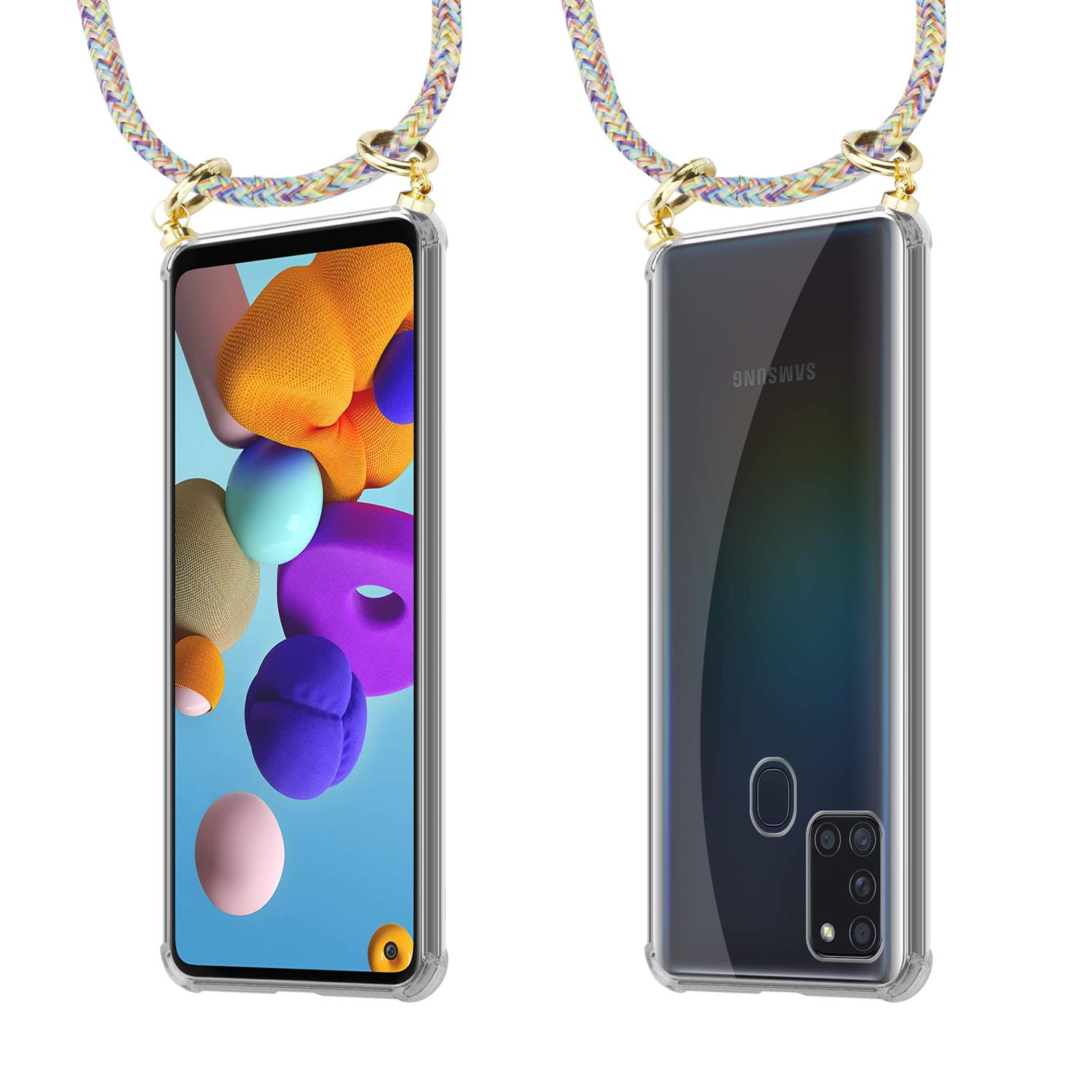 Un telefono con custodia trasparente è mostrato davanti e dietro, appeso a una corda intrecciata colorata con hardware dorato.