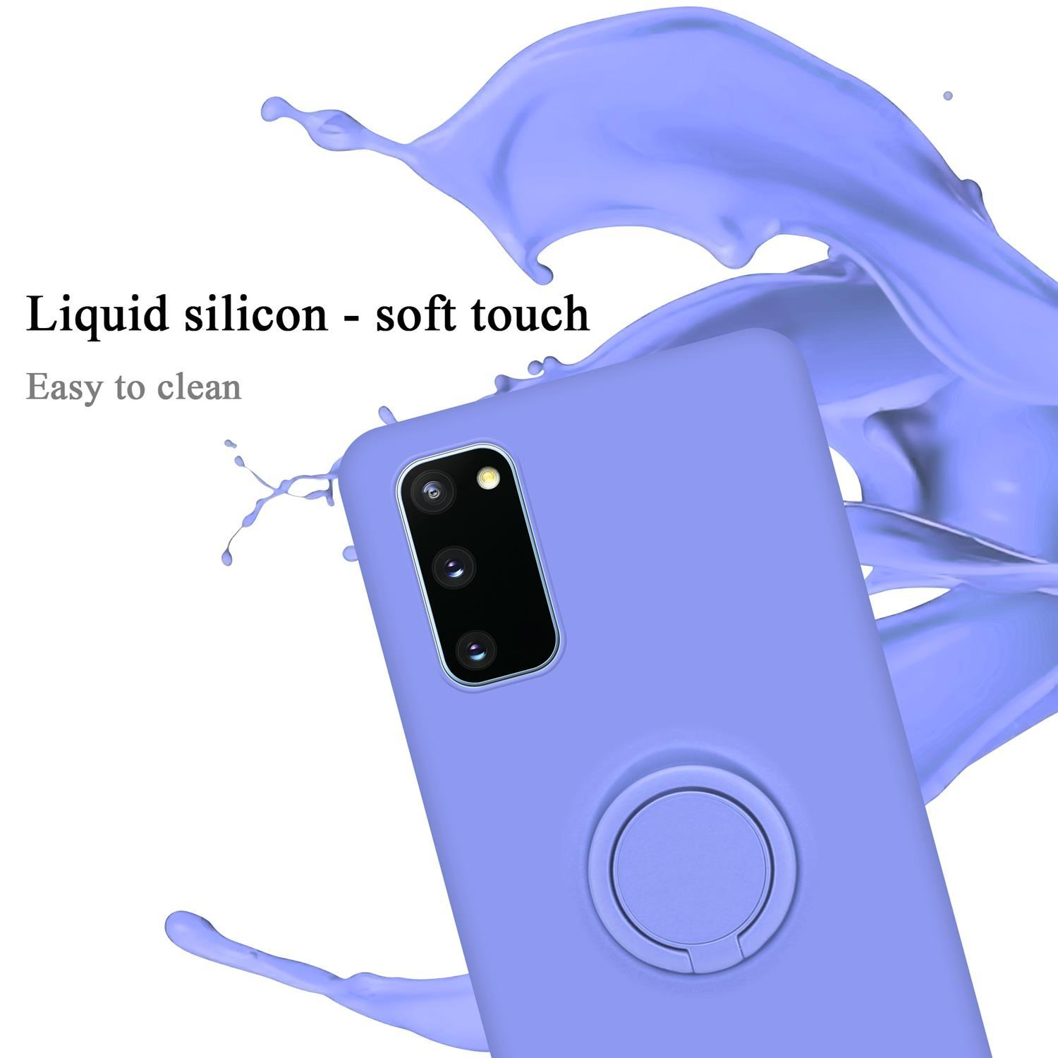 Eine hellviolette Handyhülle mit Ringständer. Wasserspritzer im Hintergrund.