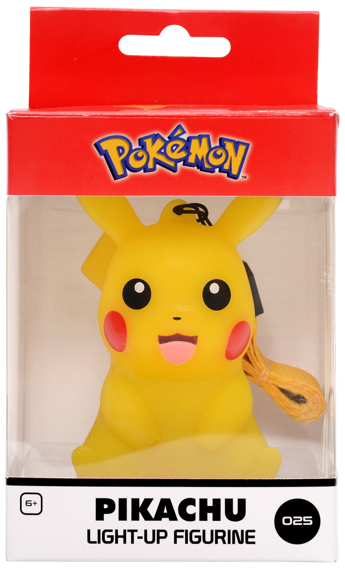 Figura luminosa de Pikachu en una caja transparente con el logo de Pokemon.