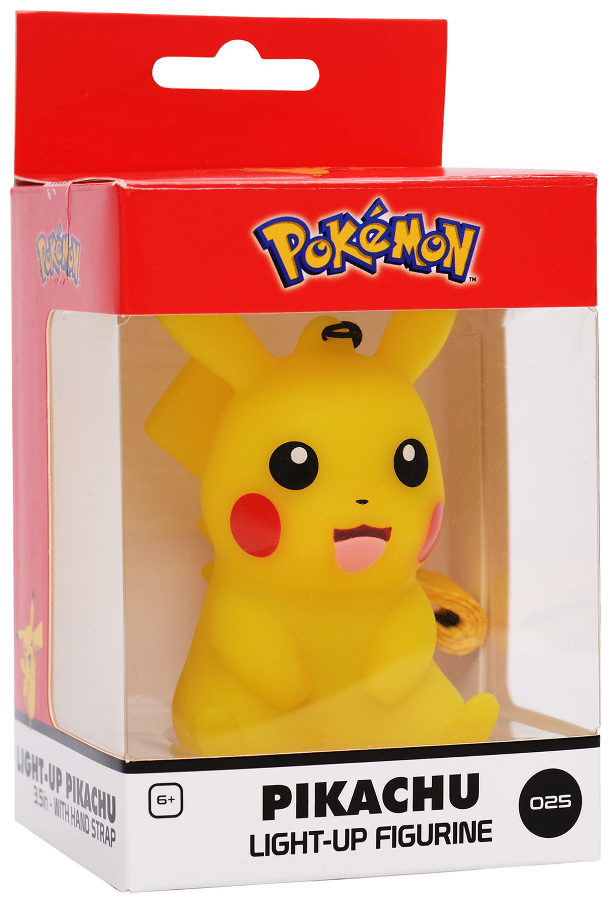 Figura de Pikachu en una caja transparente, etiquetada 'Pikachu Light-Up Figurine'.