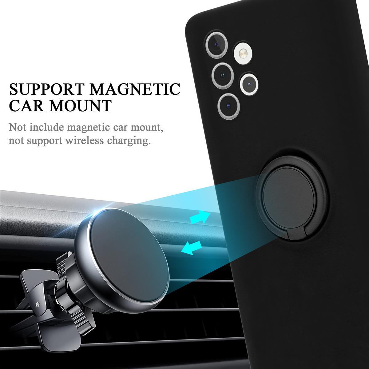 Schwarze Handyhülle mit magnetischer Autohalterung. Text: UNTERSTÜTZT MAGNETISCHE AUTOHALTERUNG. Pfeile zeigen Befestigung.
