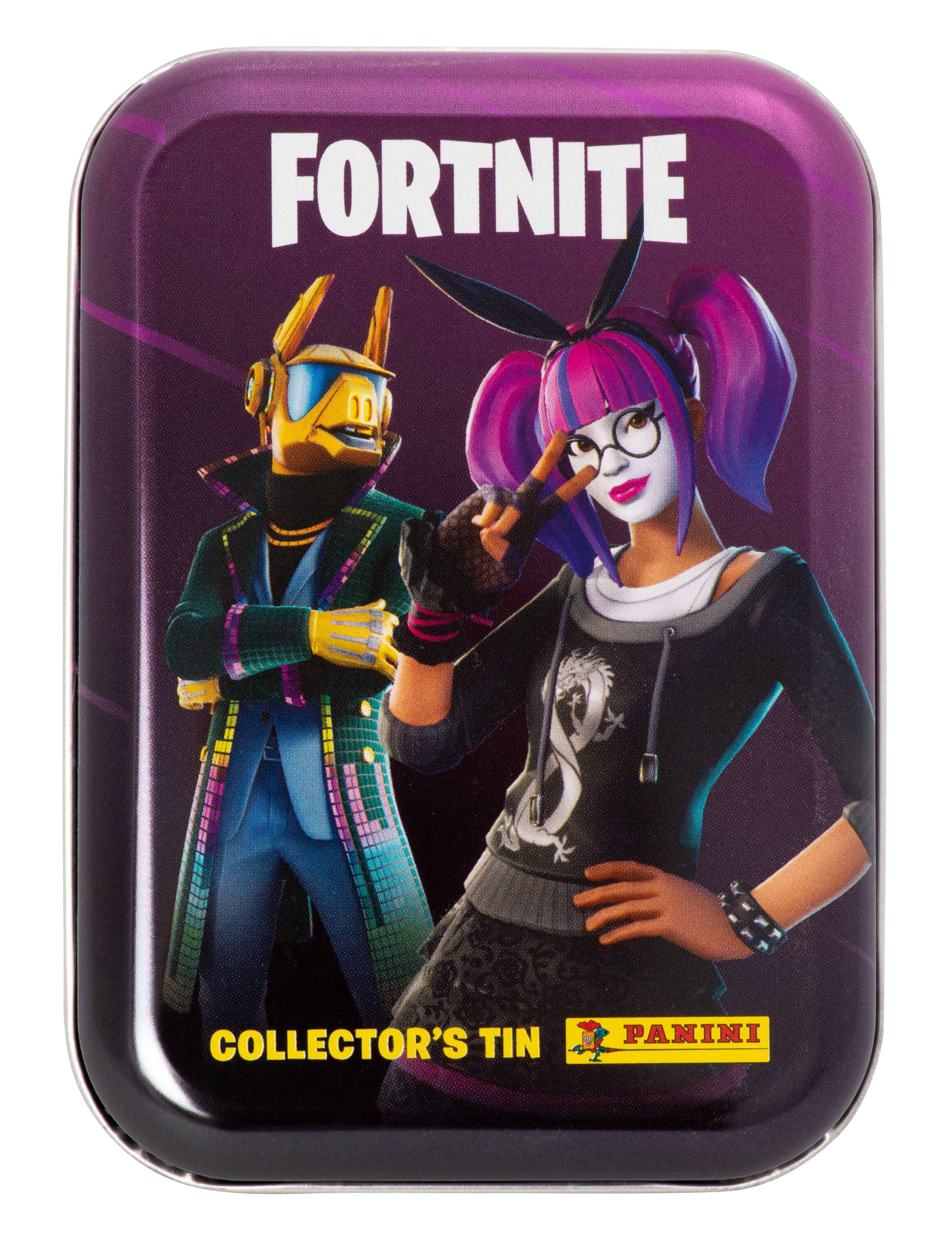 Eine Fortnite-Sammlerbox mit zwei Zeichentrickfiguren. Die Dose ist lila mit gelbem Text.