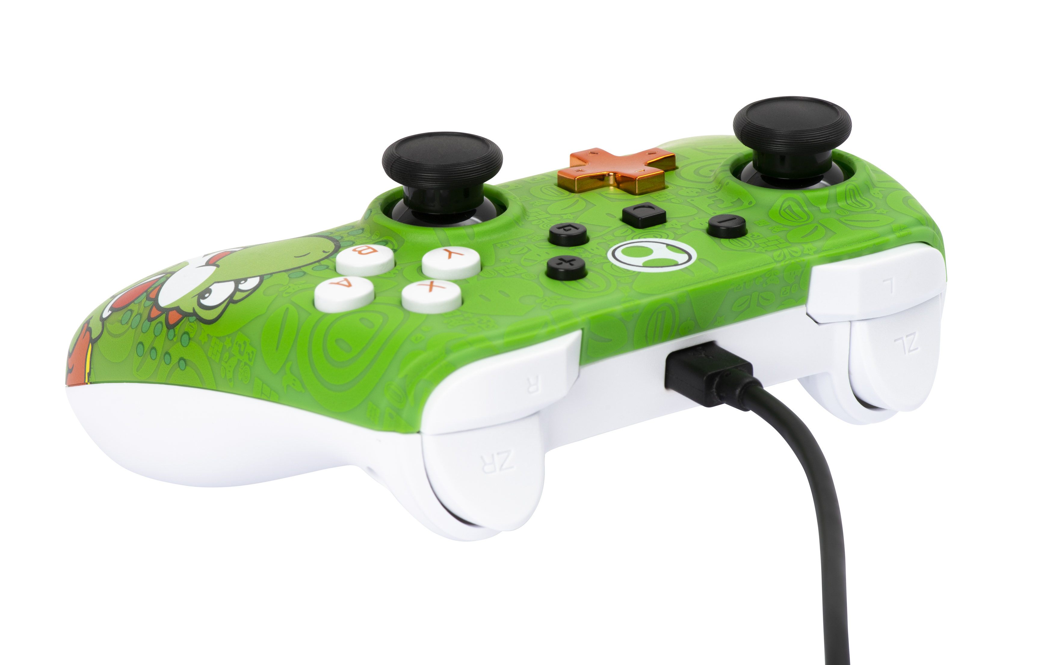 Zielono-biały kontroler Nintendo Switch. Podłączony czarny kabel. Izolowany na białym tle.