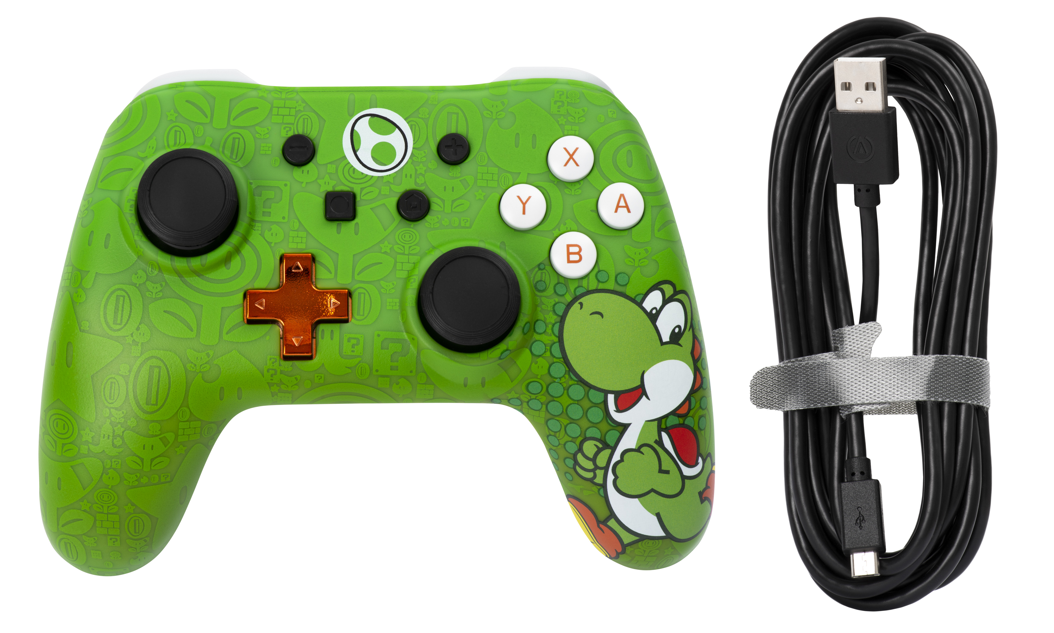 Zielony kontroler w stylu Yoshi z kablem USB obok. Kontroler ma zabawny design.