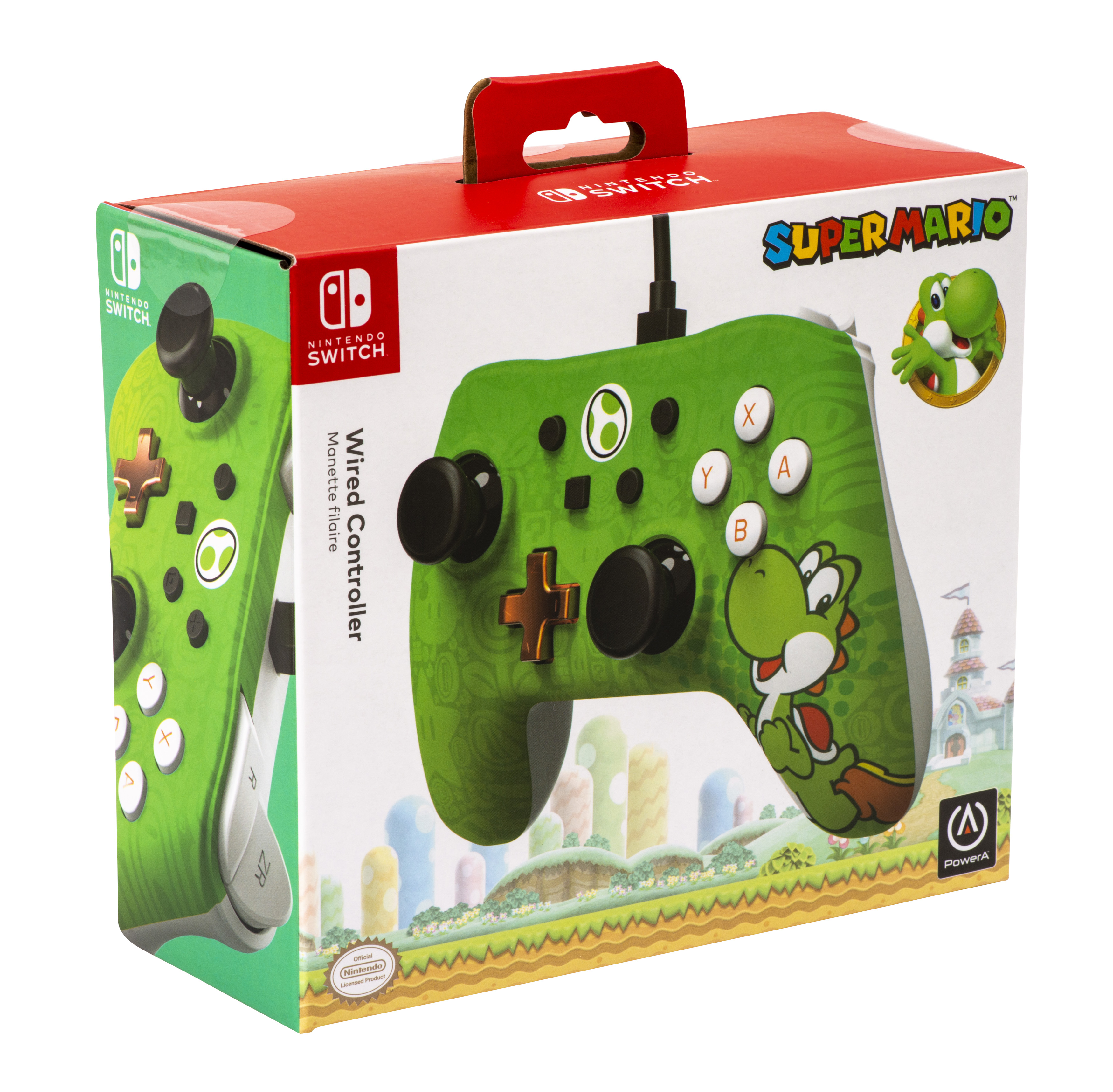 Zielony kontroler Yoshi Nintendo Switch w pudełku, z czerwonym uchwytem. Posiada logo Super Mario.