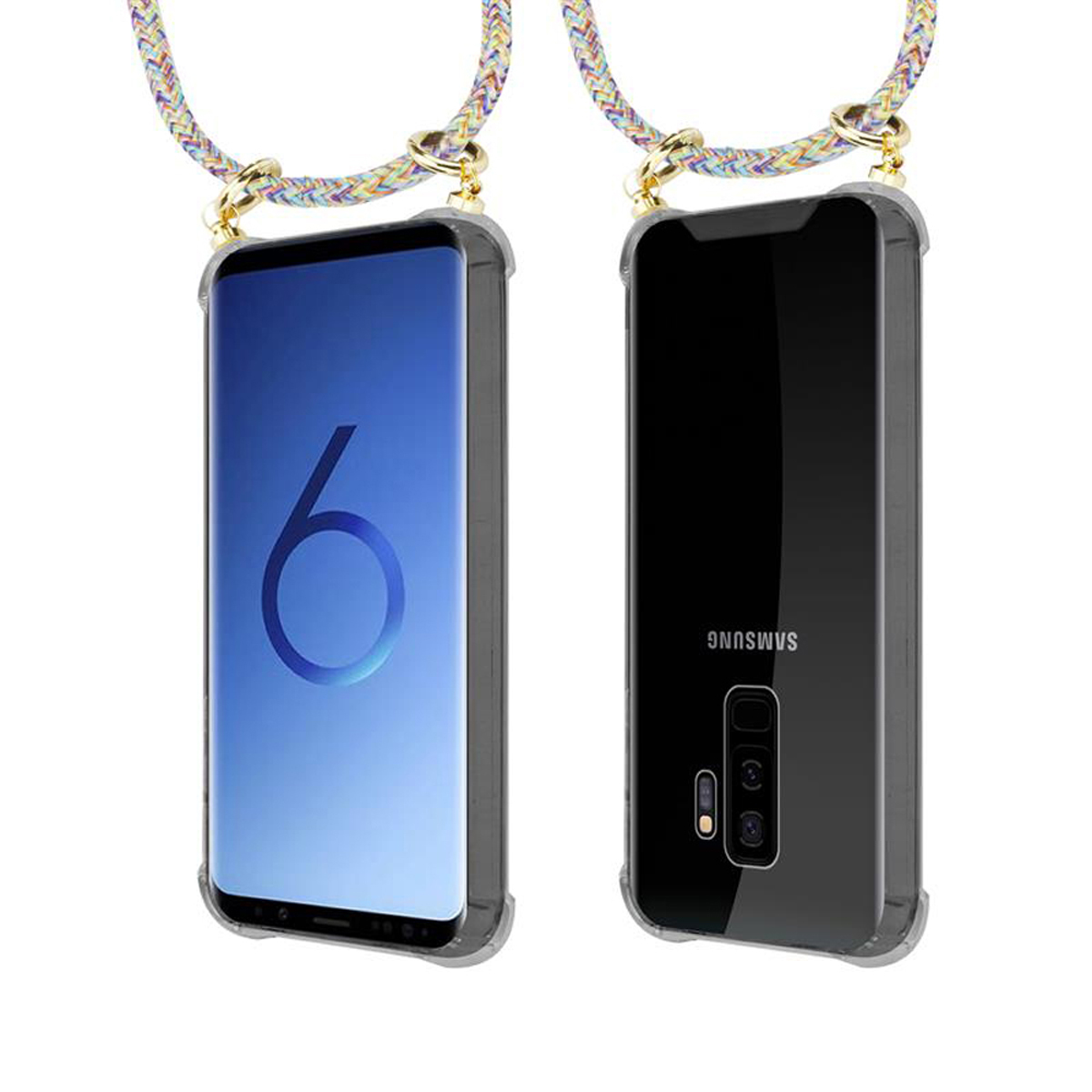 Zwei Telefone in transparenten Hüllen mit Lanyards. Beide Telefone zeigen Bildschirme, einer hat einen blauen Bildschirm.