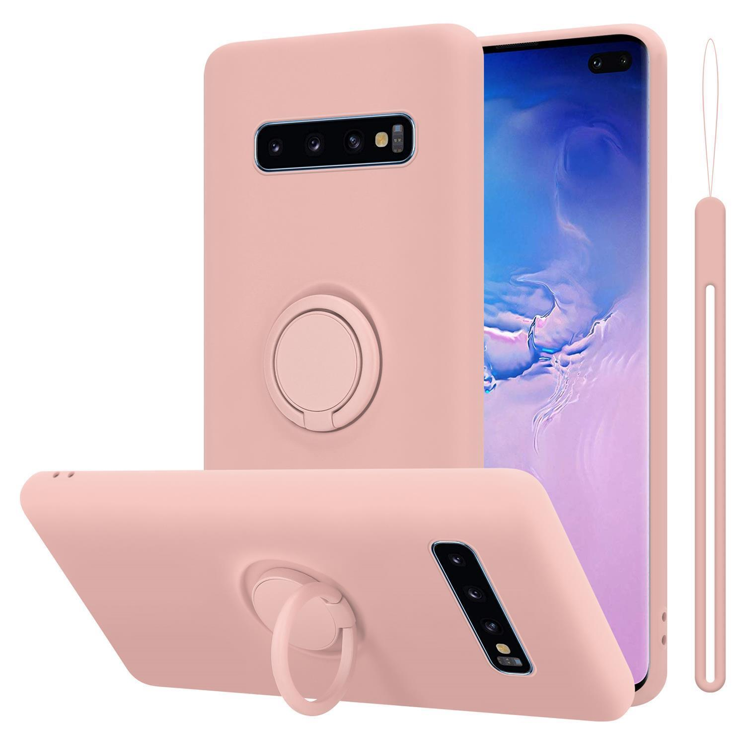 Custodie per telefono rosa con supporti ad anello. Tre custodie sono disposte per mostrare diverse angolazioni.