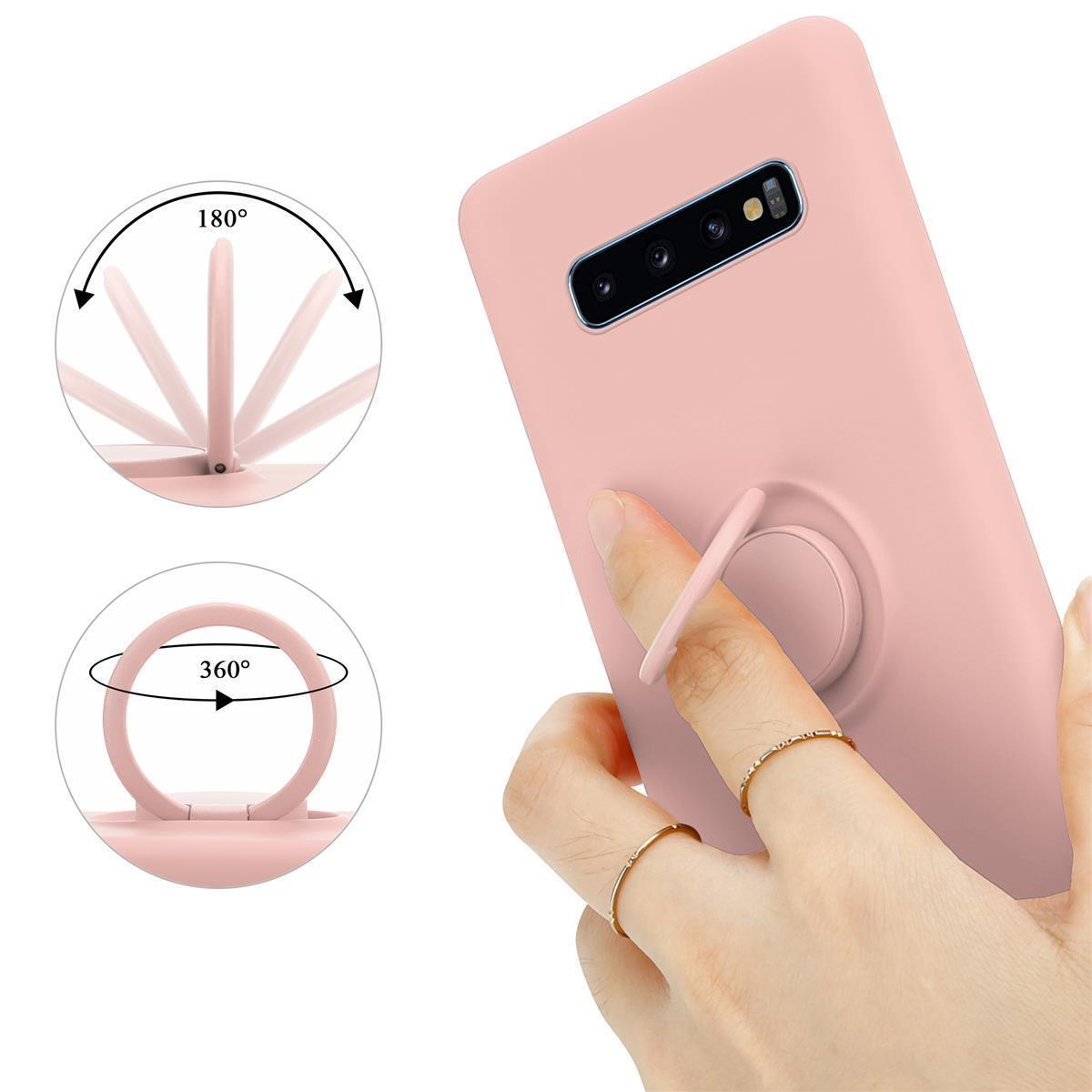 Custodia per telefono rosa con supporto ad anello, mano che lo tiene e diagrammi che mostrano il movimento dell'anello.