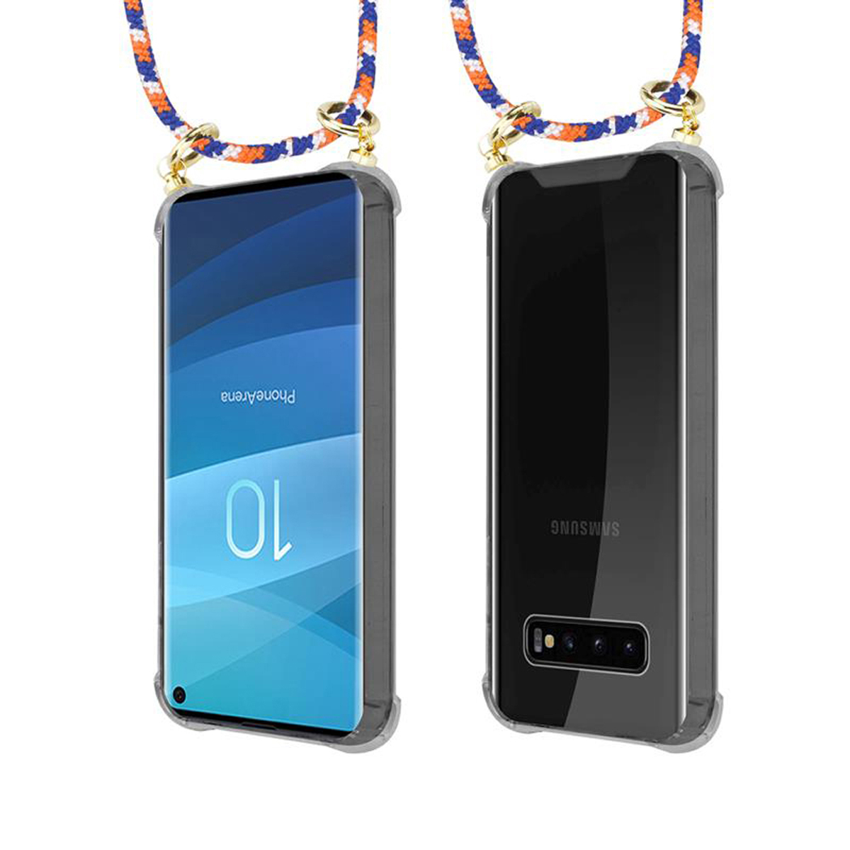 Un telefono in una custodia trasparente con un cordino. Un telefono sul retro mostra il logo Samsung.