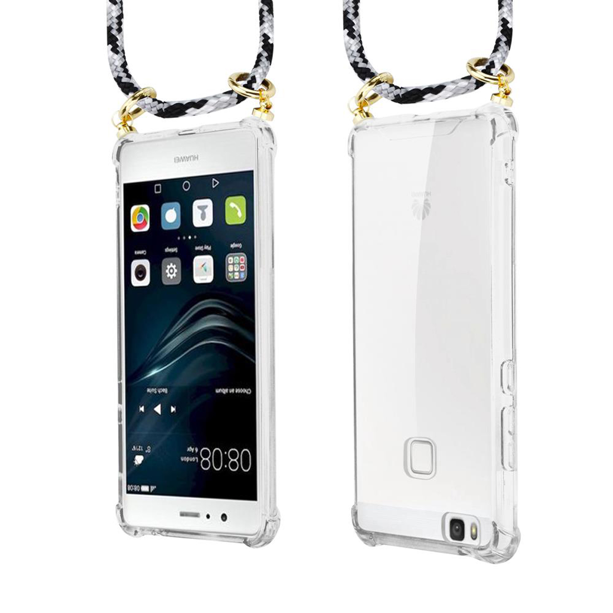 Due telefoni in custodie trasparenti con un cordino. Uno mostra lo schermo, l'altro un logo Huawei.