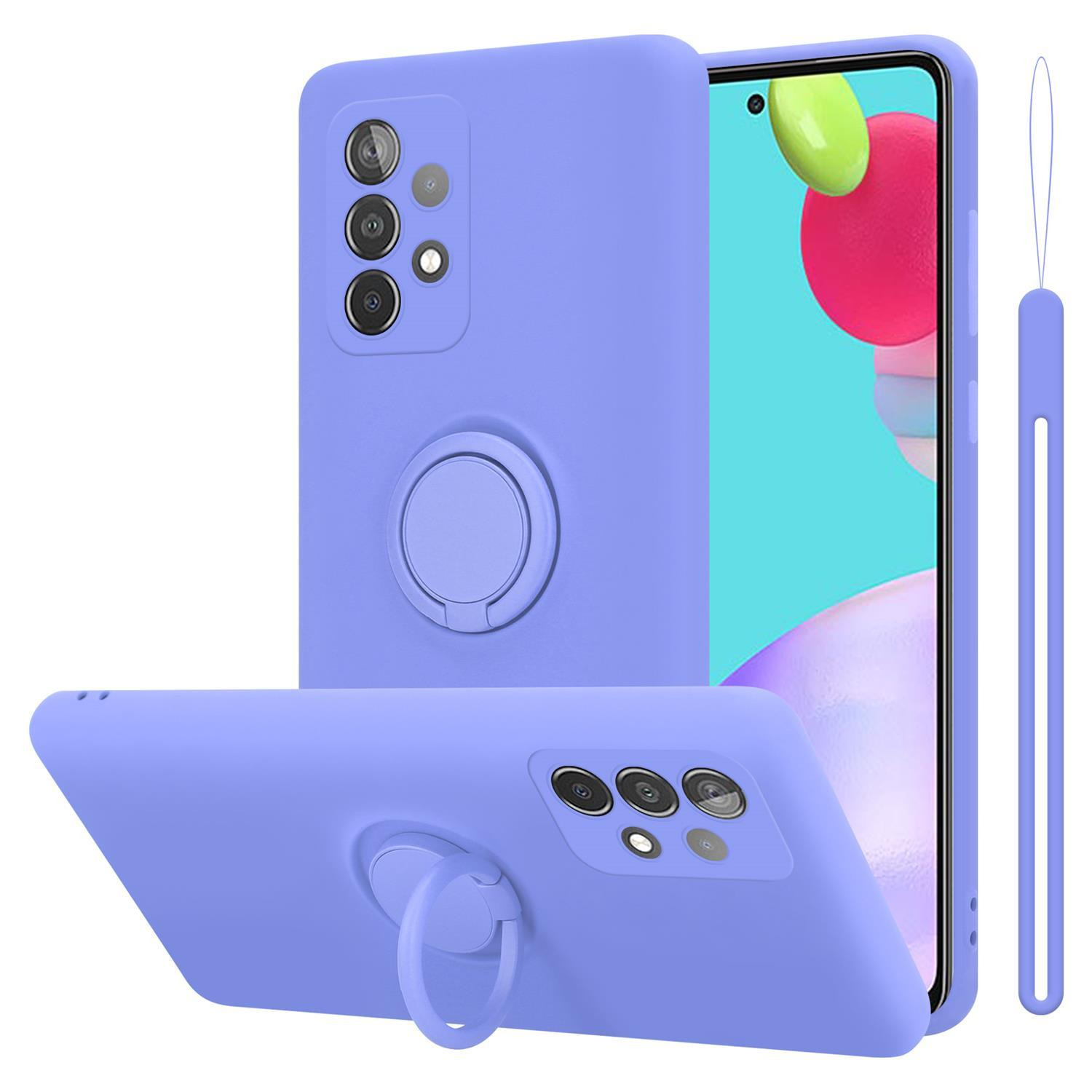 Due custodie per telefono color lavanda. Una mostra il telefono. Entrambi hanno supporti ad anello. Lo sfondo è bianco.