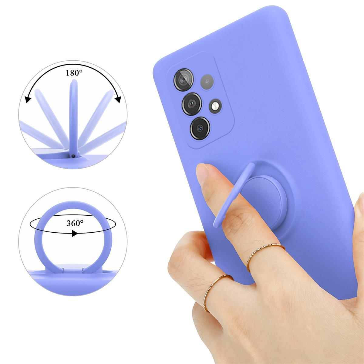 Custodia per telefono viola con supporto ad anello. Mostra diverse posizioni e movimenti dell'anello.