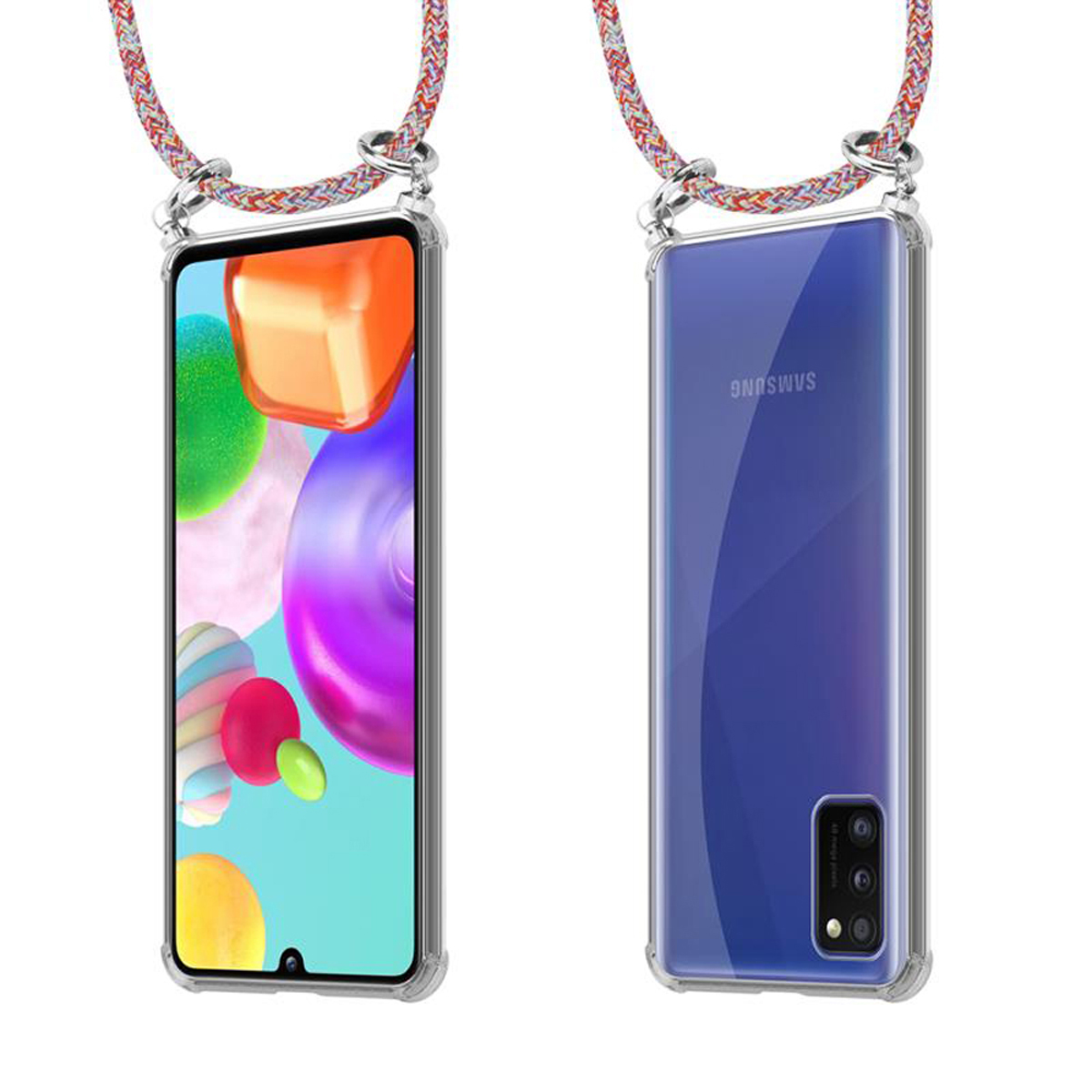 Galaxy Kordel abnehmbarer Ringen, mit Hülle, Backcover, Kette COLORFUL Band und Samsung, A41, Handy PARROT Silber CADORABO