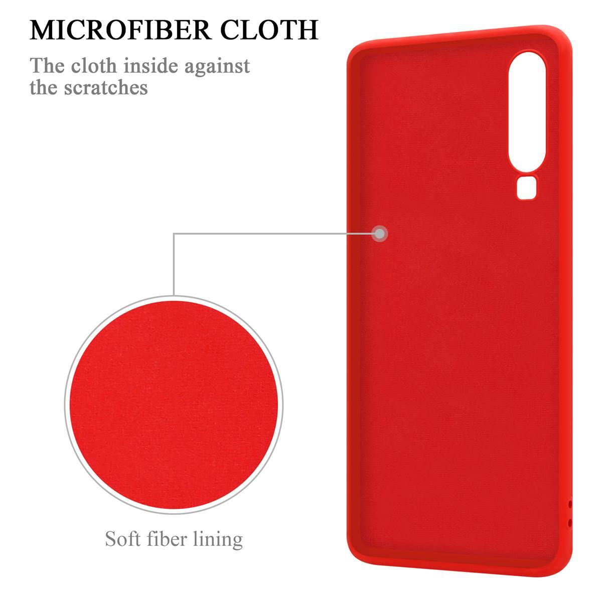 Eine rote Handyhülle mit einem Mikrofasertuch-Diagramm, das das weiche Futter erklärt.
