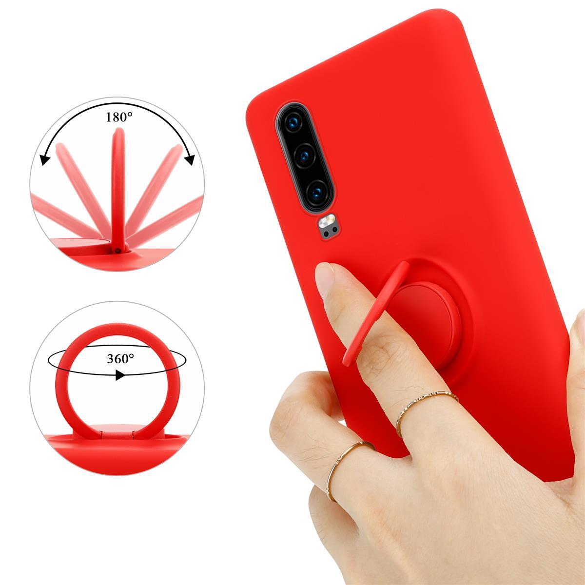 Rote Handyhülle mit Ständer. Zwei Diagramme zeigen 180 und 360 Grad Bewegung.