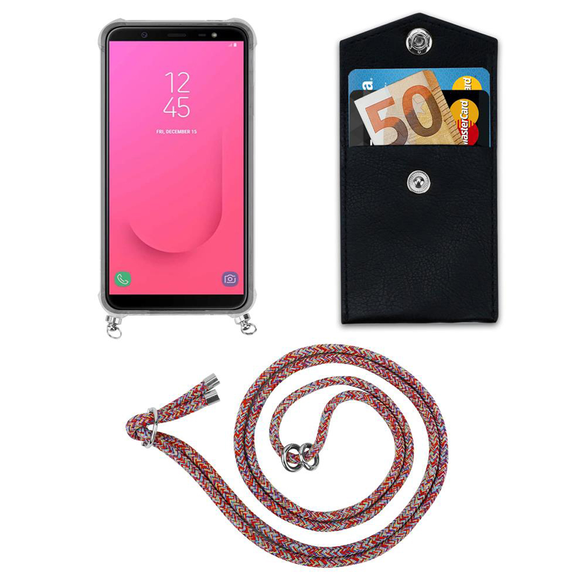CADORABO Handy Kordel mit Backcover, und Silber Ringen, Samsung, Band abnehmbarer Hülle, Kette 2018, PLUS PARROT COLORFUL A6 Galaxy