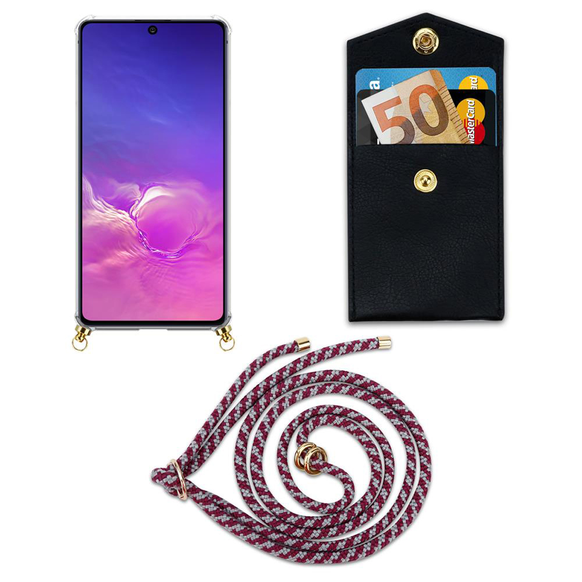 CADORABO Handy Kette mit Gold Galaxy LITE A91 S10 Hülle, Ringen, / Band Backcover, und abnehmbarer Kordel M80s, WEIß / ROT Samsung