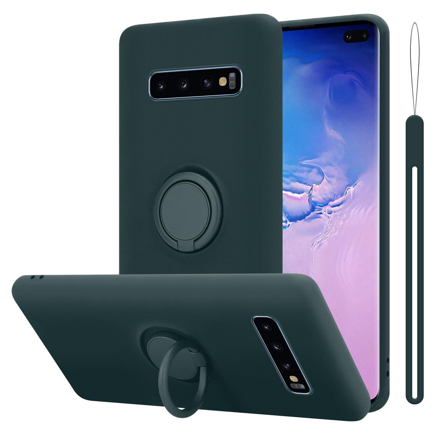 Dunkelgrüne Handyhülle mit Ringhalter und Telefon.