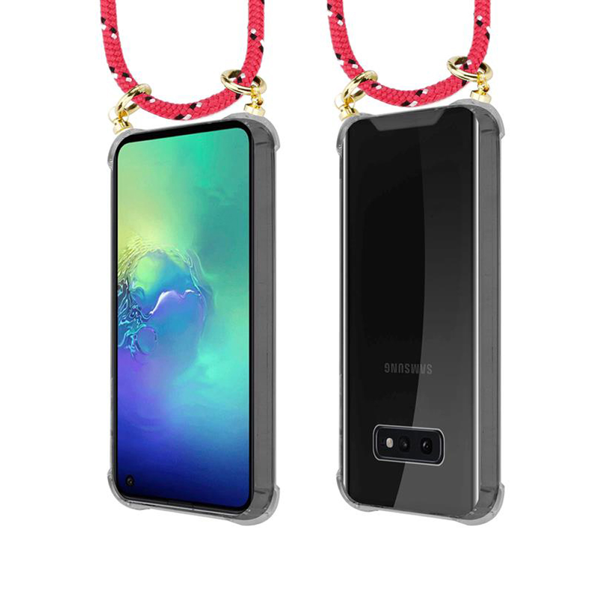 Una custodia trasparente con un cinturino rosso-bianco. Il telefono è nero ed è un Samsung.