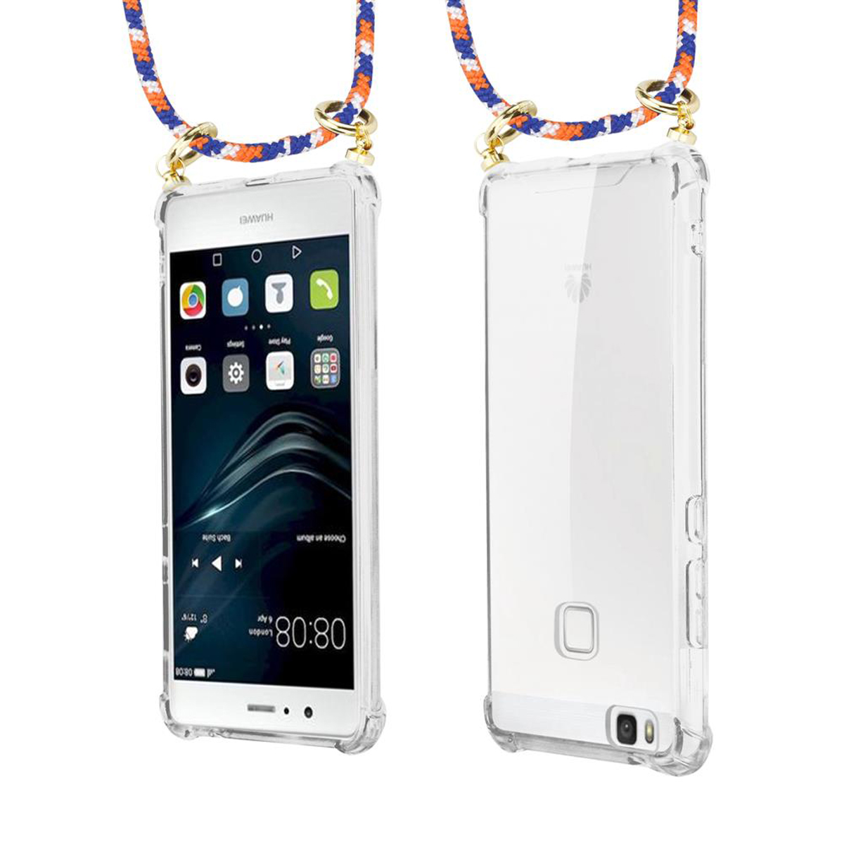Zwei Telefone in transparenten Hüllen mit blau-orangen Schnüren. Eines zeigt die Vorderseite, das andere die Rückseite. Weißer Hintergrund.