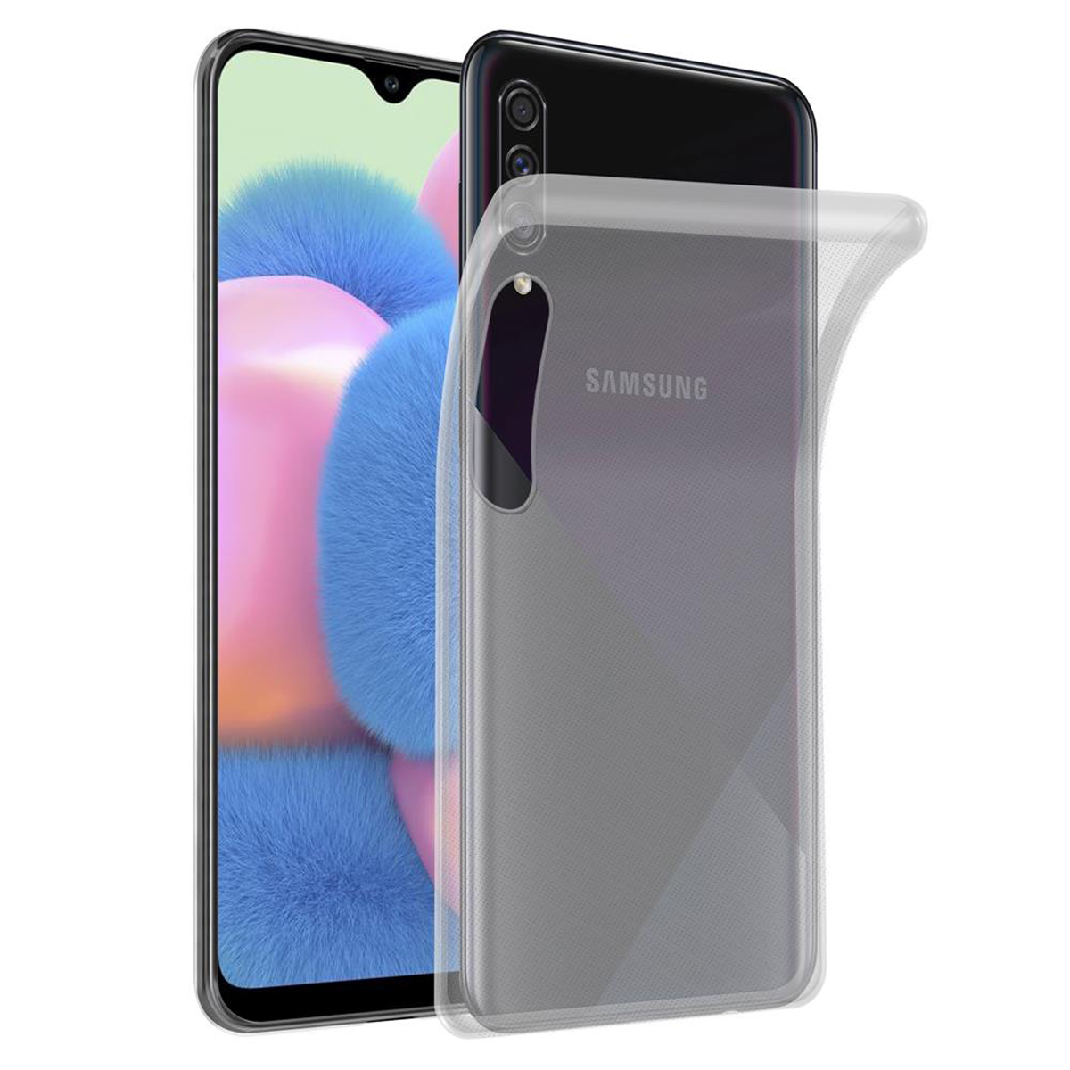 Samsung-Telefon mit transparenter Hülle. Das Telefon ist schwarz, die Hülle transparent.