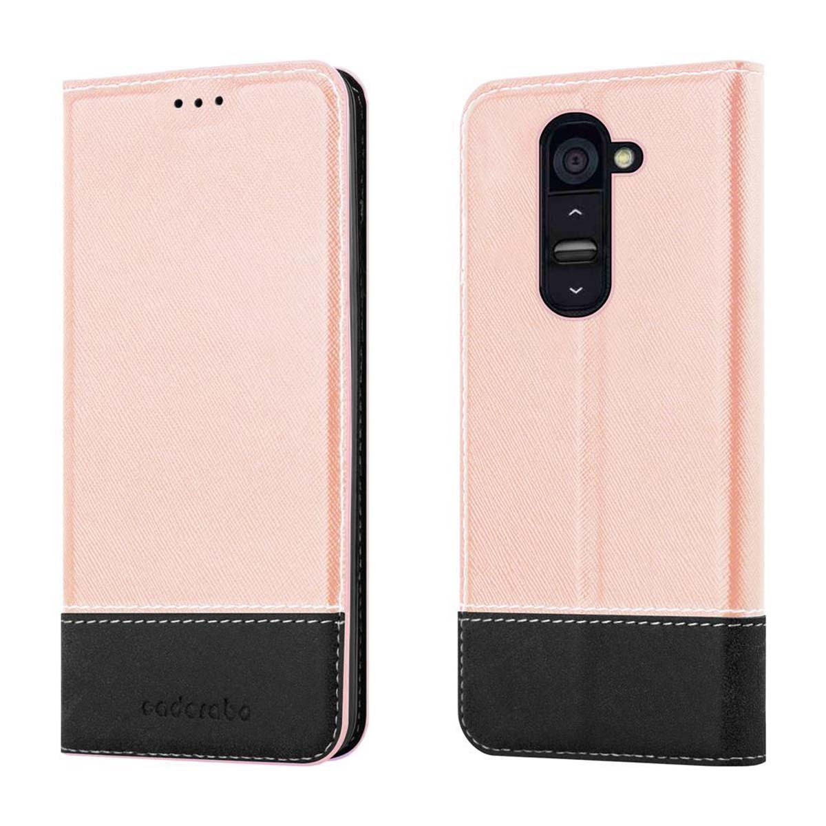 Étui de téléphone rose et noir, fermé et ouvert. L'étui ouvert montre un téléphone avec un design noir et blanc.