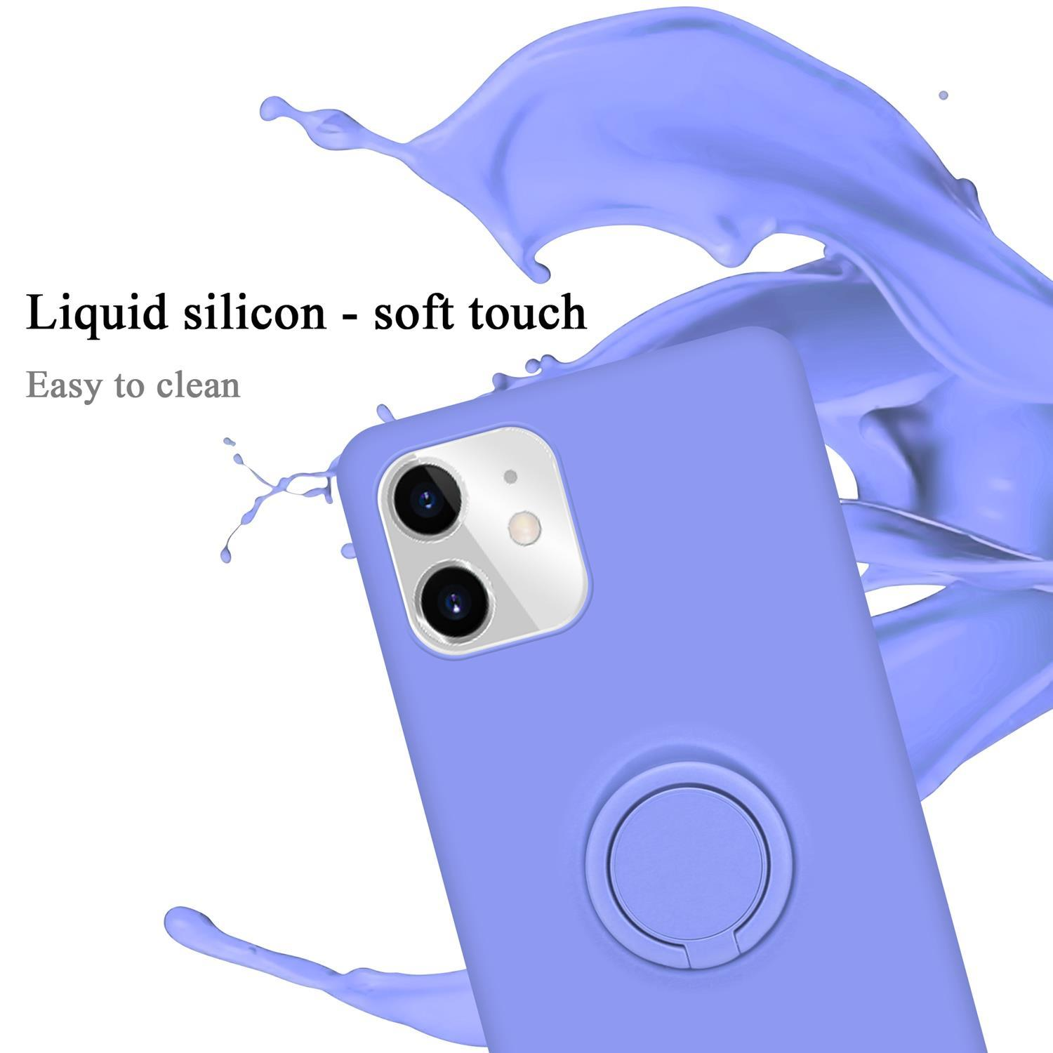 Un telefono lilla chiaro con un porta anello. Liquido viola schizza intorno al telefono. Il testo dice tocco morbido.