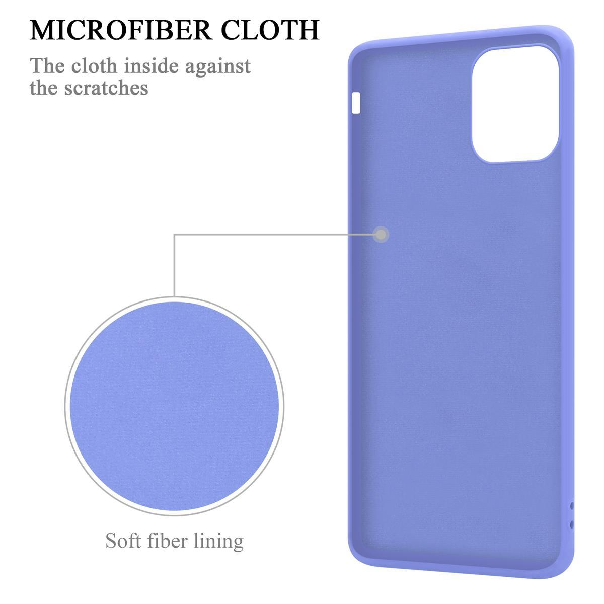Una custodia per telefono color lavanda con una morbida fodera in fibra e un primo piano della fodera in fibra.