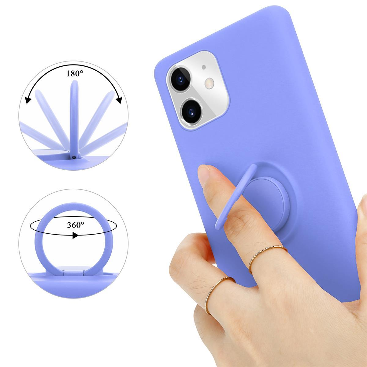 Una custodia per telefono viola con un porta anelli e una mano con anelli alle dita.
