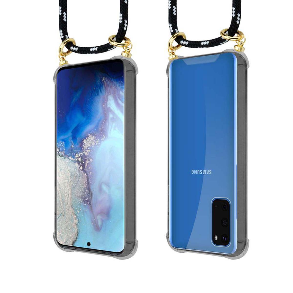Due viste di un telefono blu con custodia trasparente e cordino nero. Il logo Samsung è visibile.