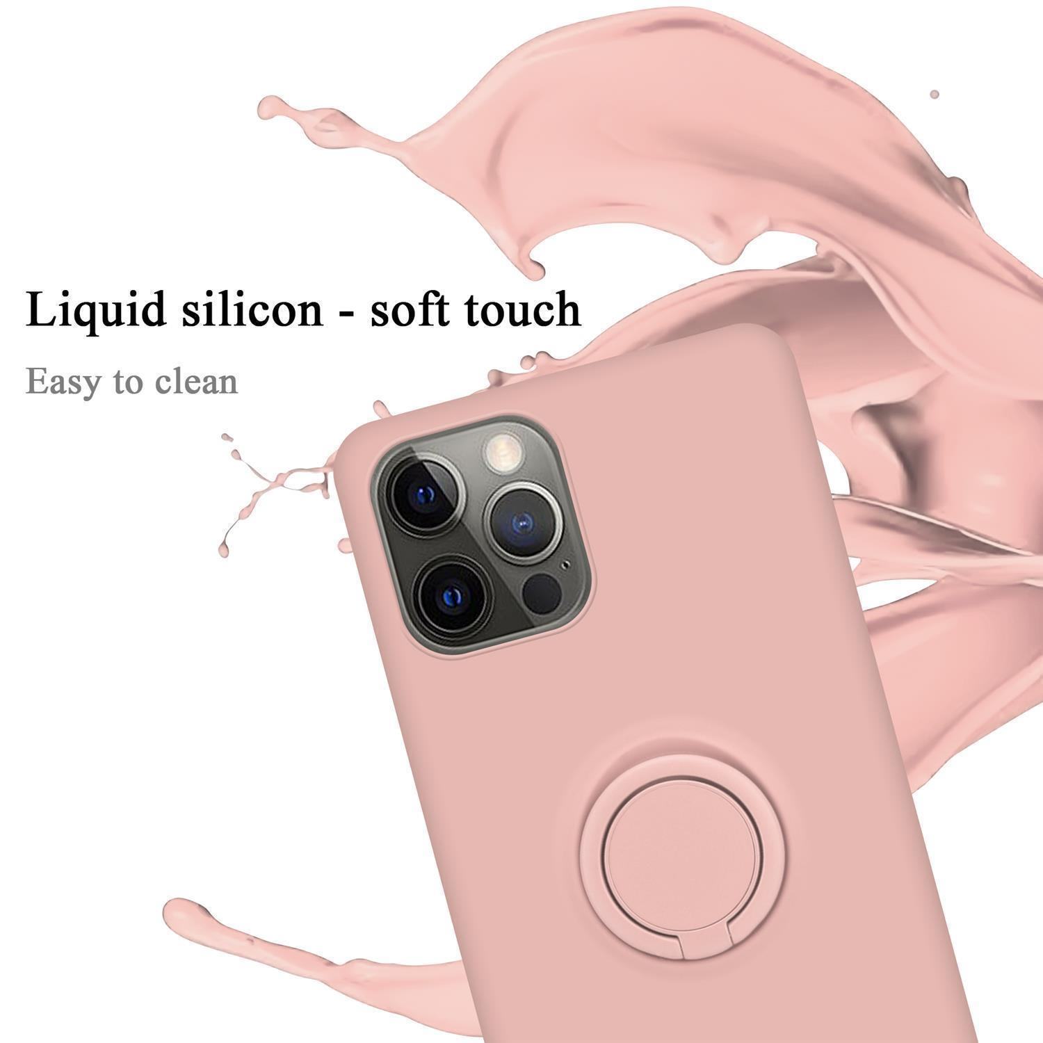 Rosa Handyhülle mit Ringhalter. Rosa Flüssigkeitsspritzer im Hintergrund. Text: Flüssiges Silikon - Soft Touch, leicht zu reinigen.