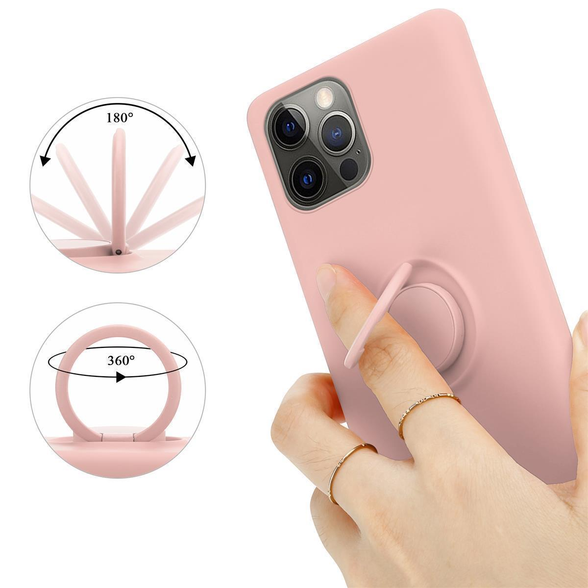 Rosa Telefon mit Ringhalter. Ring kann sich um 180 und 360 Grad drehen. Eine Hand benutzt den Ring.