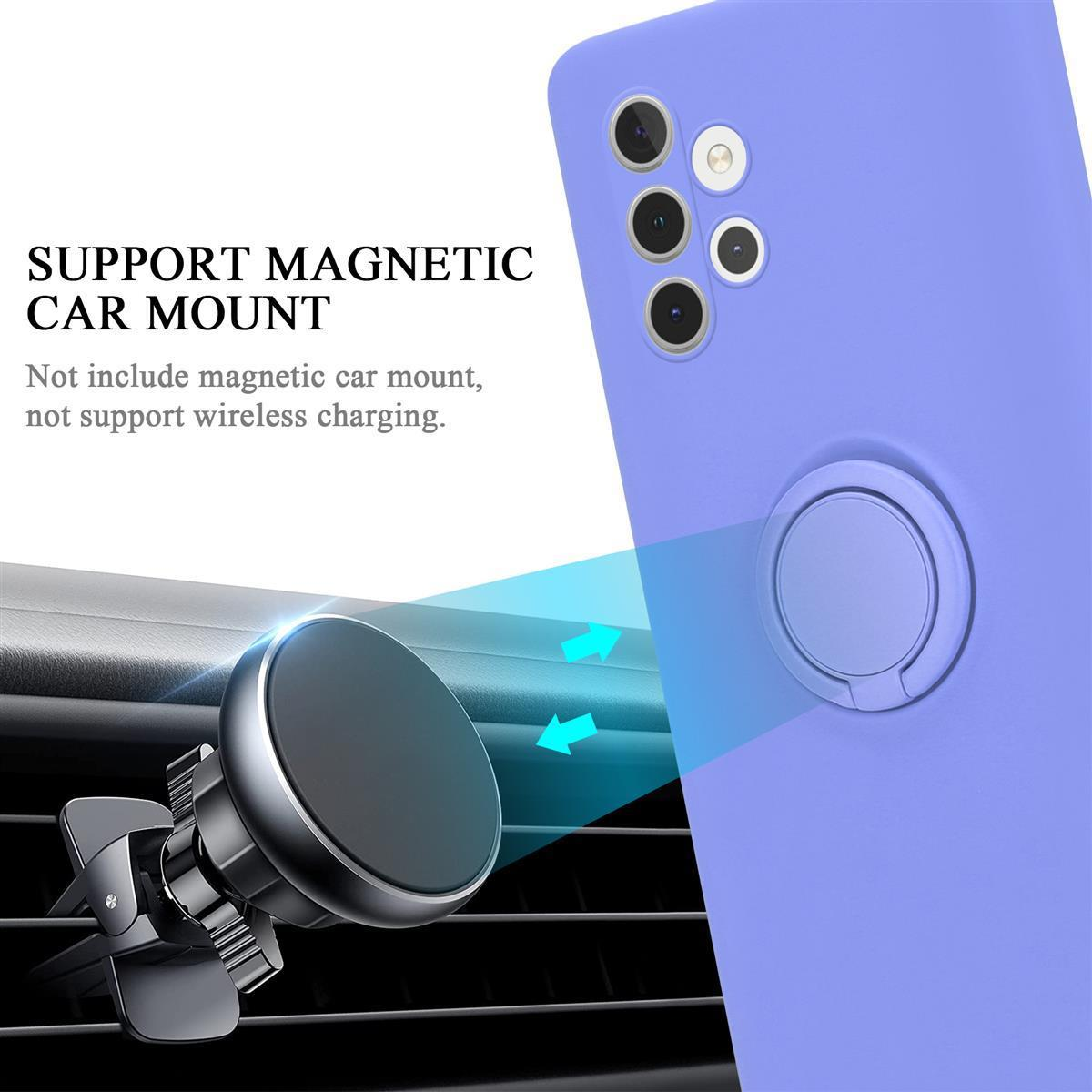 Lila Telefon in einer Hülle, befestigt an einer magnetischen Autohalterung. Blaue Pfeile.