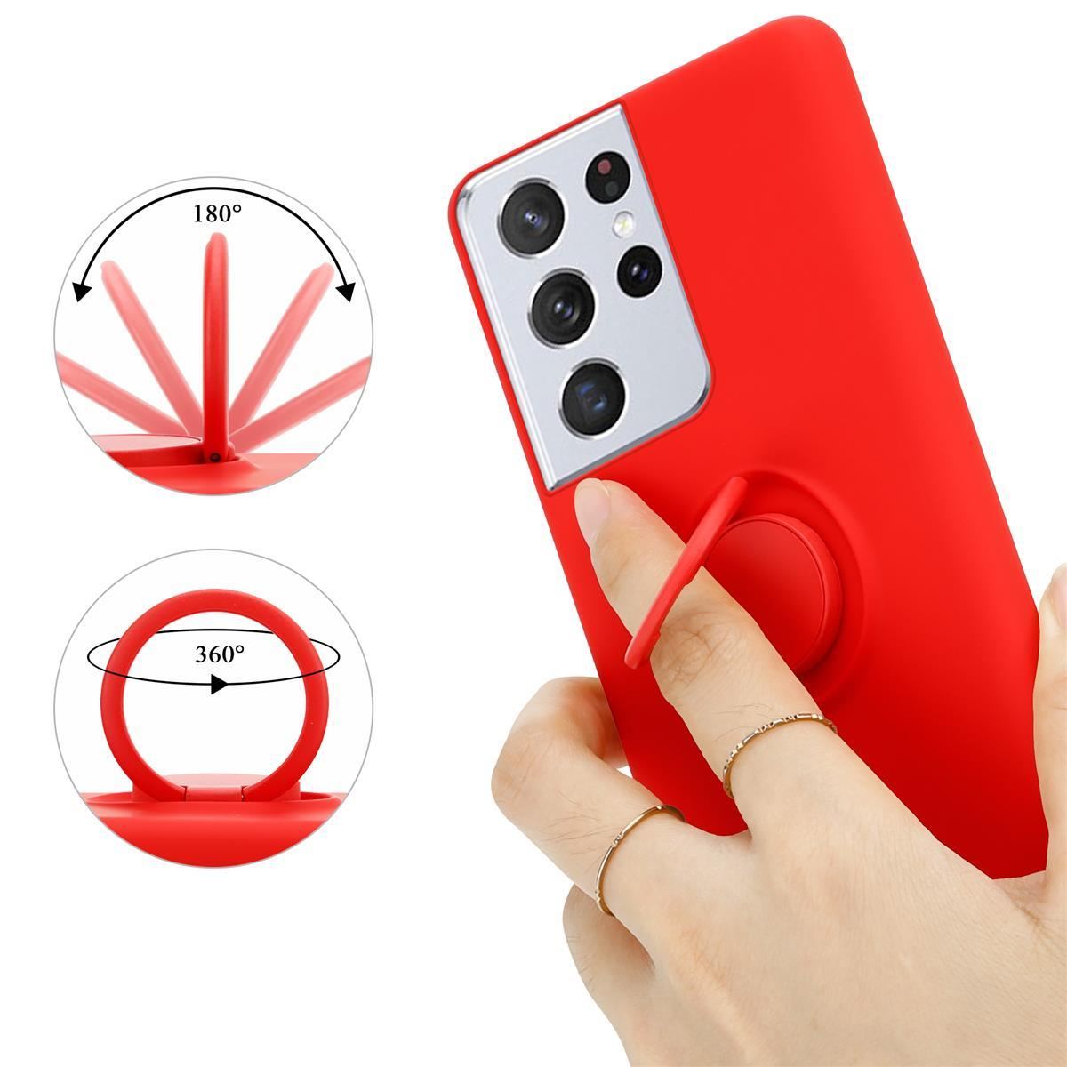 CADORABO Hülle Samsung, Ring im Silicone Galaxy ROT Backcover, ULTRA, Case S21 Style, LIQUID Liquid