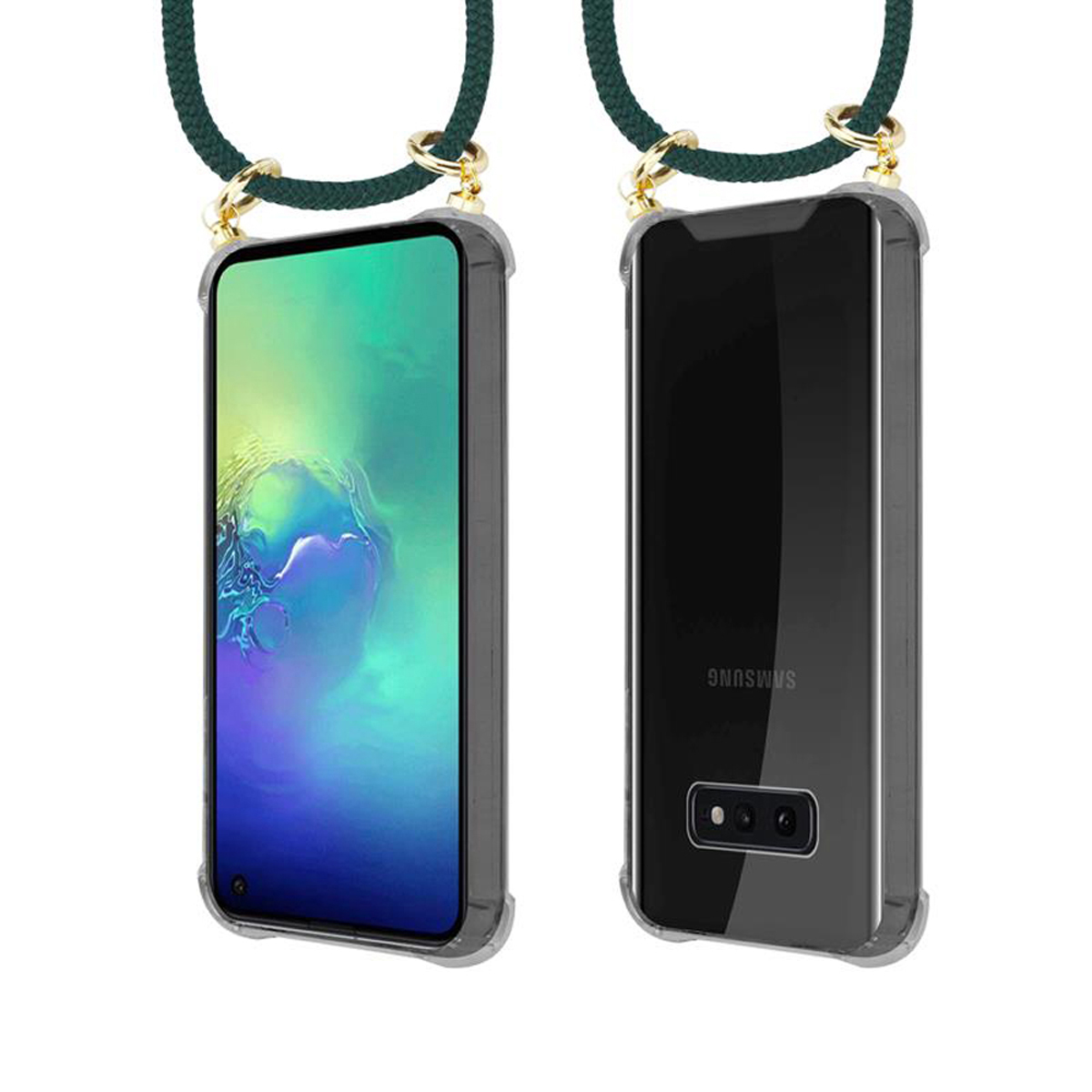 Telefono con custodia e cinturino, vista anteriore e posteriore.