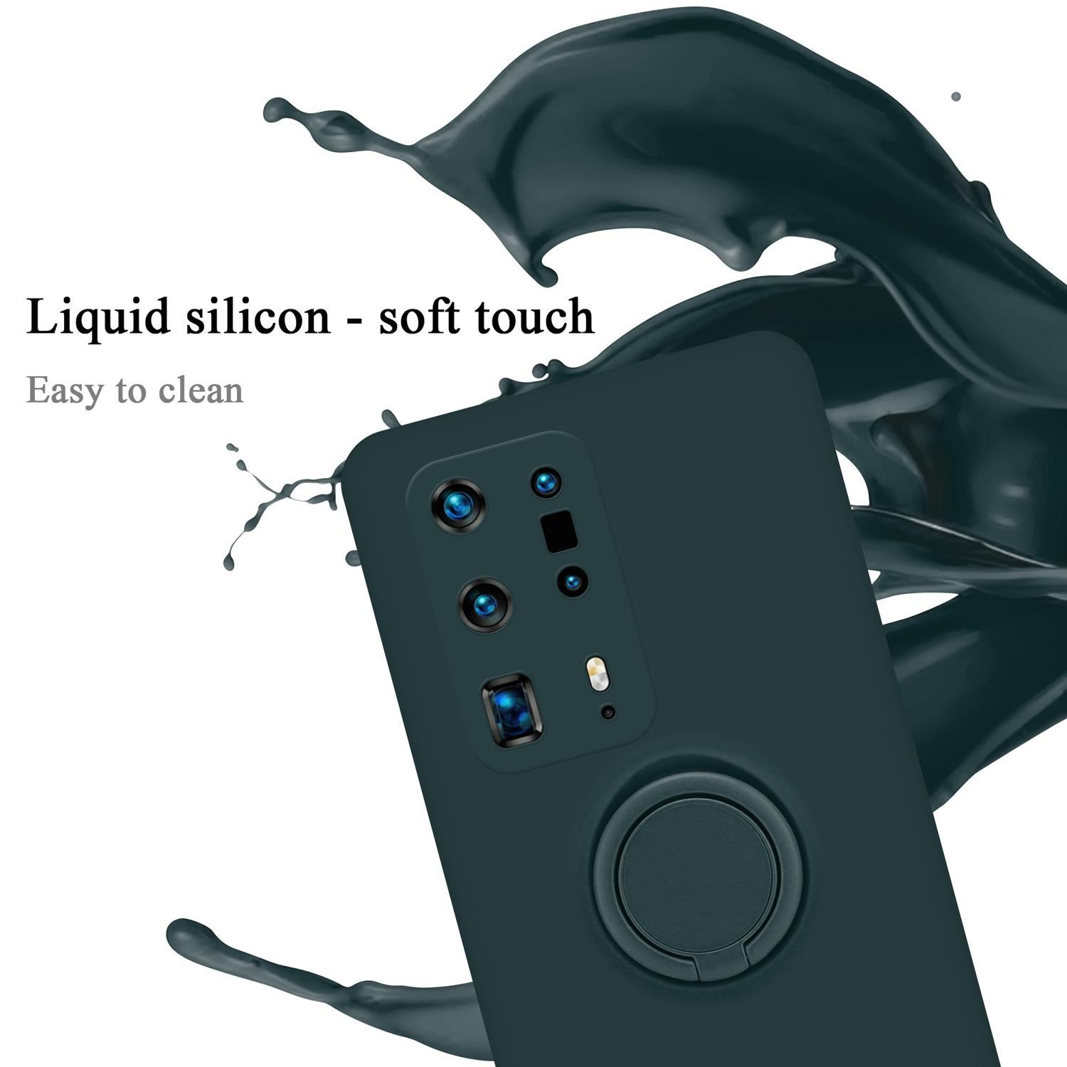 Custodia del telefono verde acqua scuro, supporto ad anello e ritagli per la fotocamera. Spruzzo di liquido sullo sfondo.