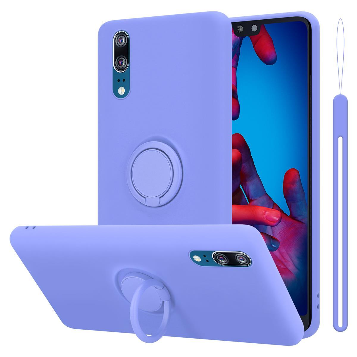 Custodia per telefono con anello porta in lavanda. Vengono mostrate tre angolazioni della custodia. Sfondo bianco.