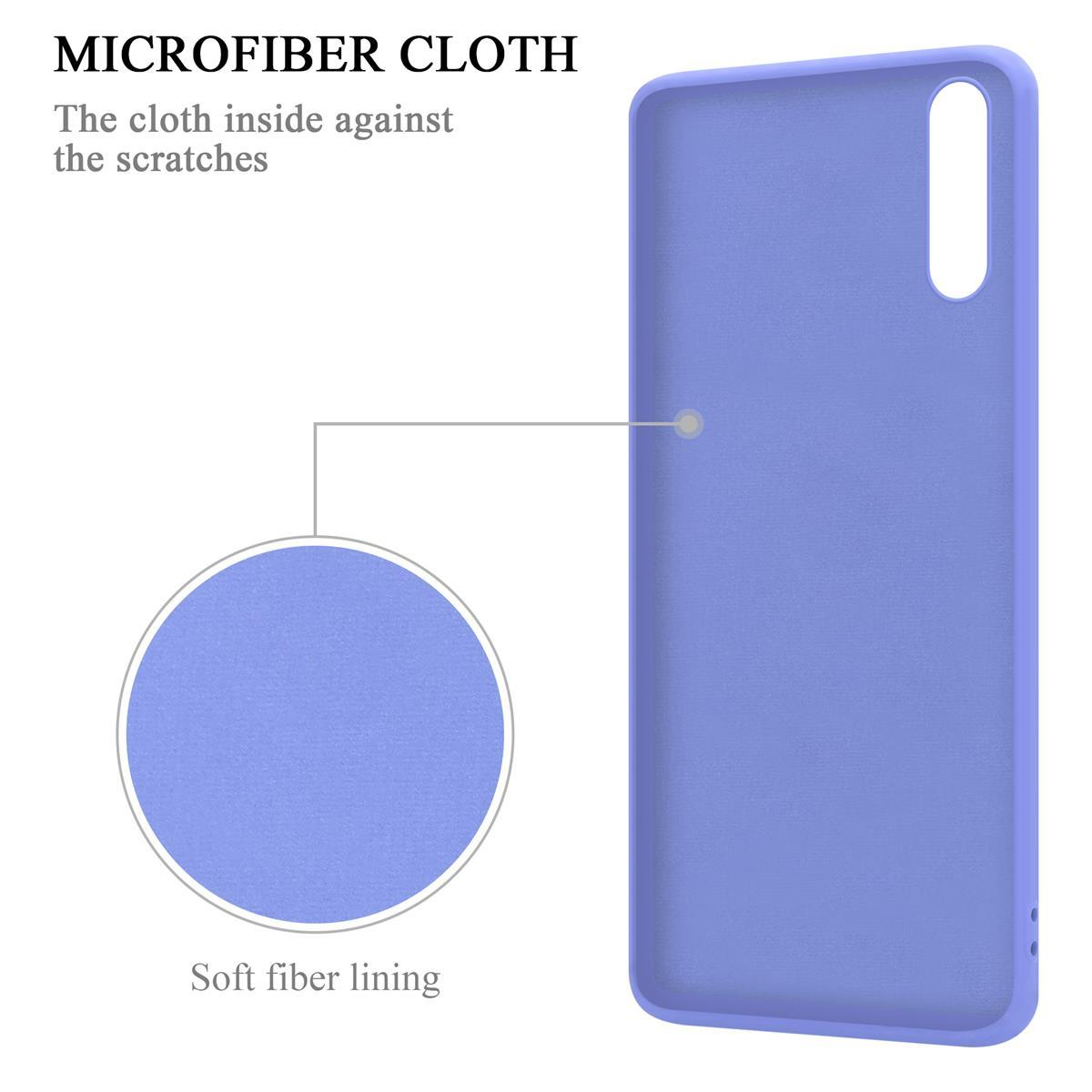 Custodia per telefono viola con testo e diagramma sulla fodera in fibra morbida.
