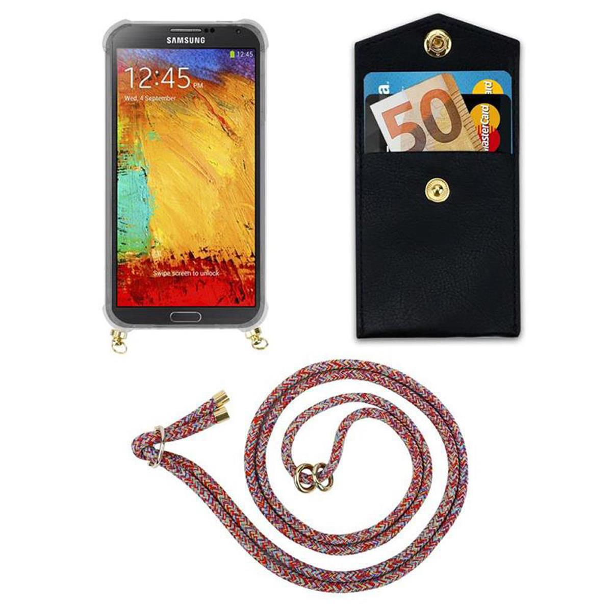 Ein schwarzes Telefon in einer durchsichtigen Hülle mit einer schwarzen Brieftasche mit Karten. Der Riemen ist rot.