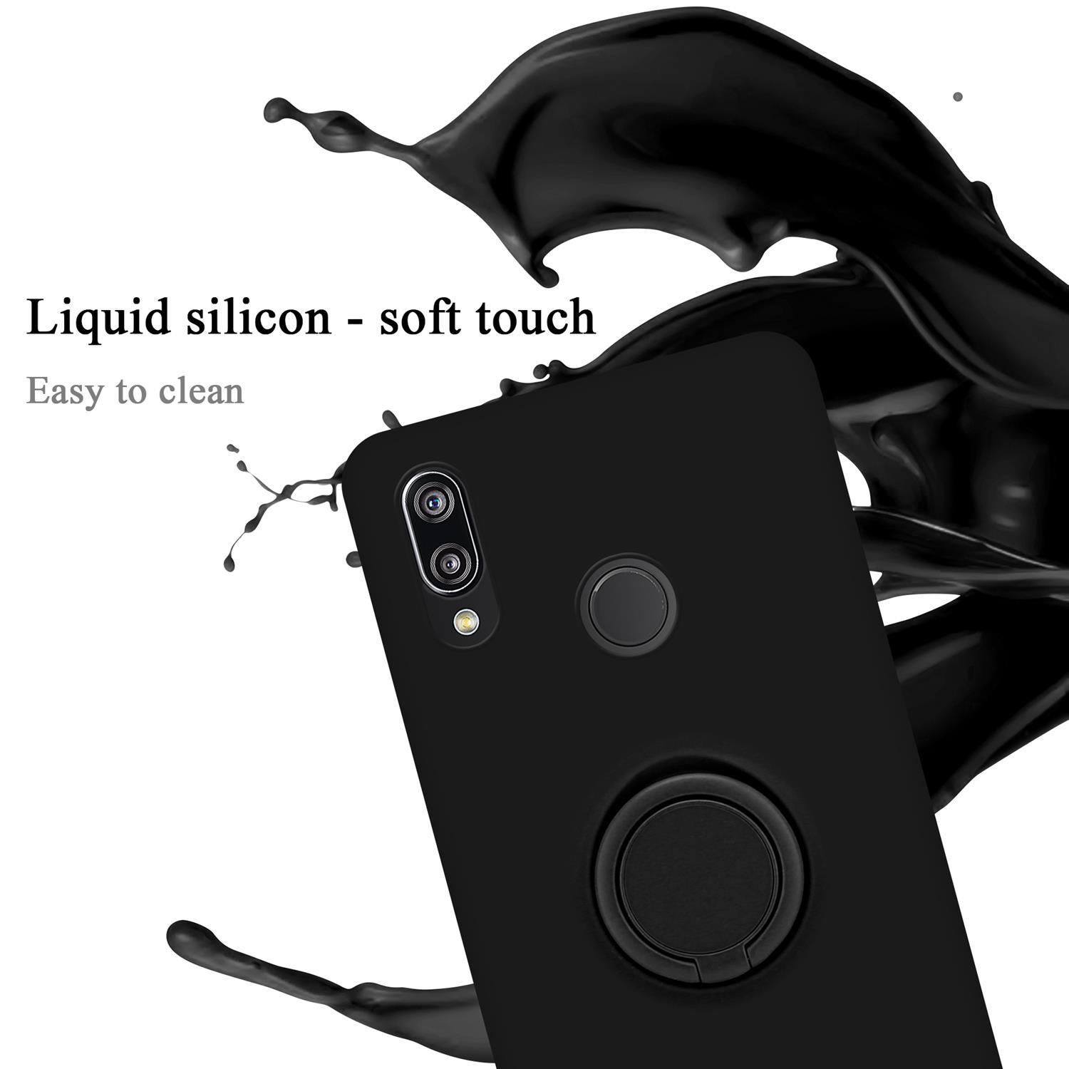 Una custodia per telefono nera con un supporto ad anello. Schizzi di liquido nero dietro il telefono. Il testo indica il tocco morbido.