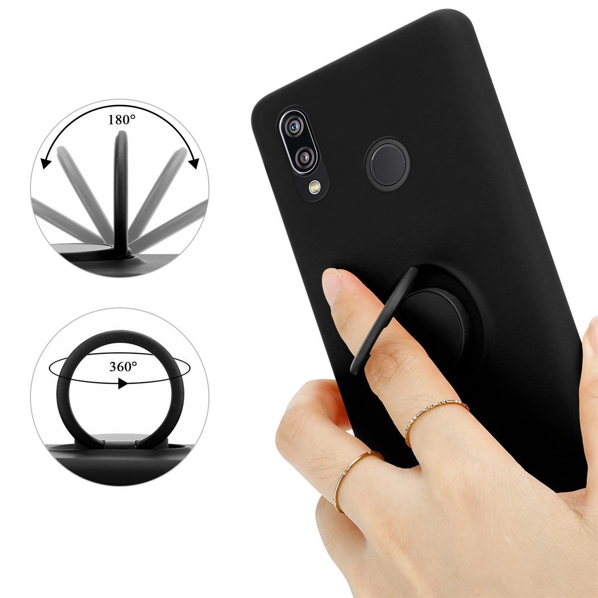 Custodia per telefono nera con supporto ad anello e diagrammi che mostrano rotazione di 180 e 360 gradi.