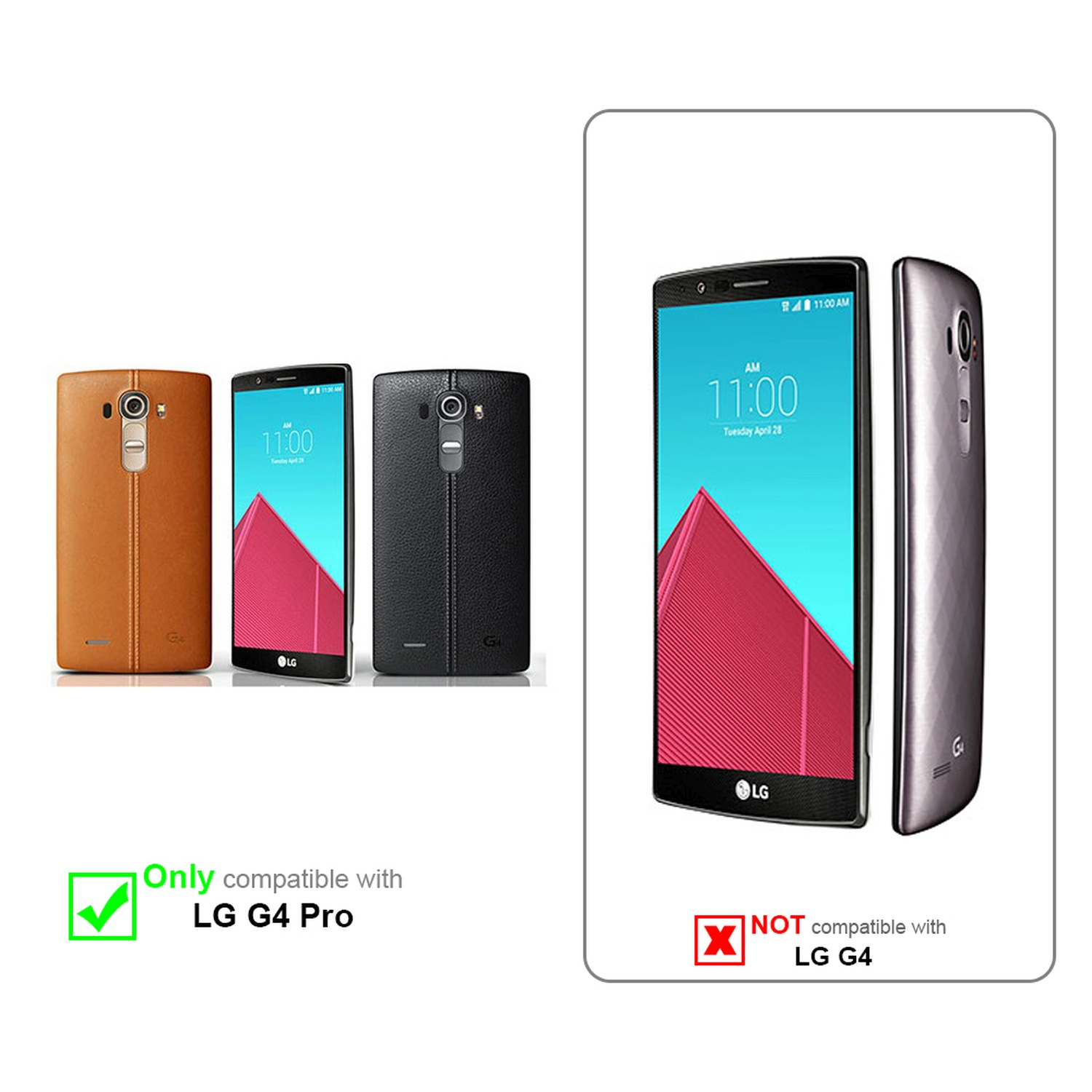Teléfonos LG G4 Pro, con una marca de verificación, y teléfonos LG G4, con una X.